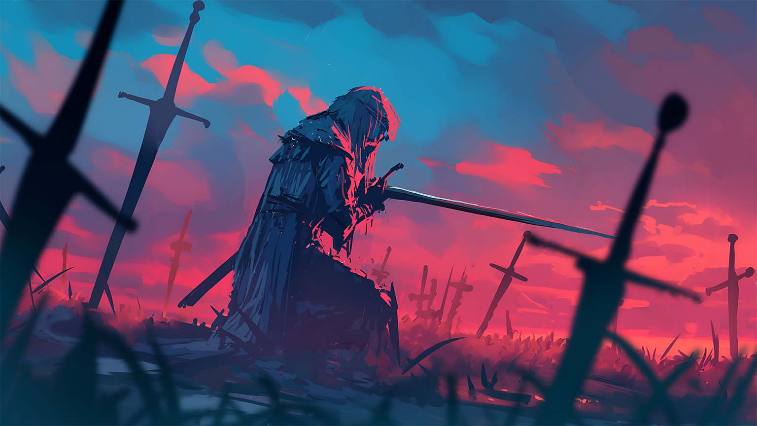 1536x864 Kneeling Swordsman Sunset Desktop Wallpaper Wallpaper HD