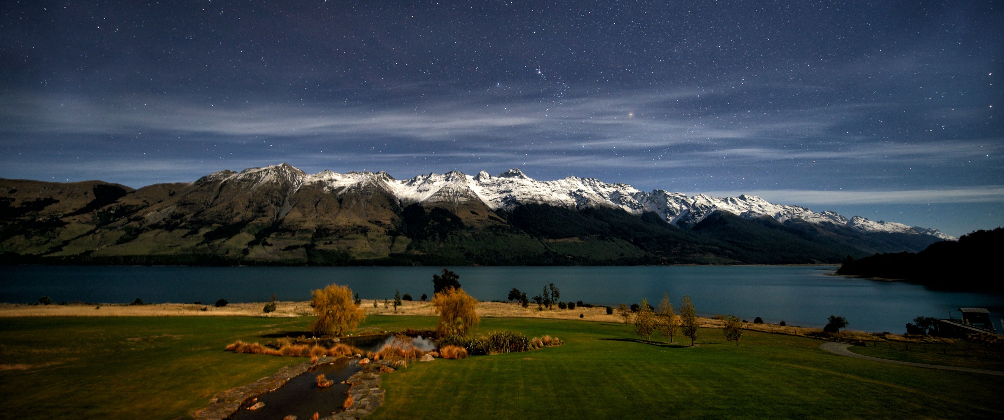 3440x1440 Lake Wakatipu Wallpaper 4K, Night time, Queenstown