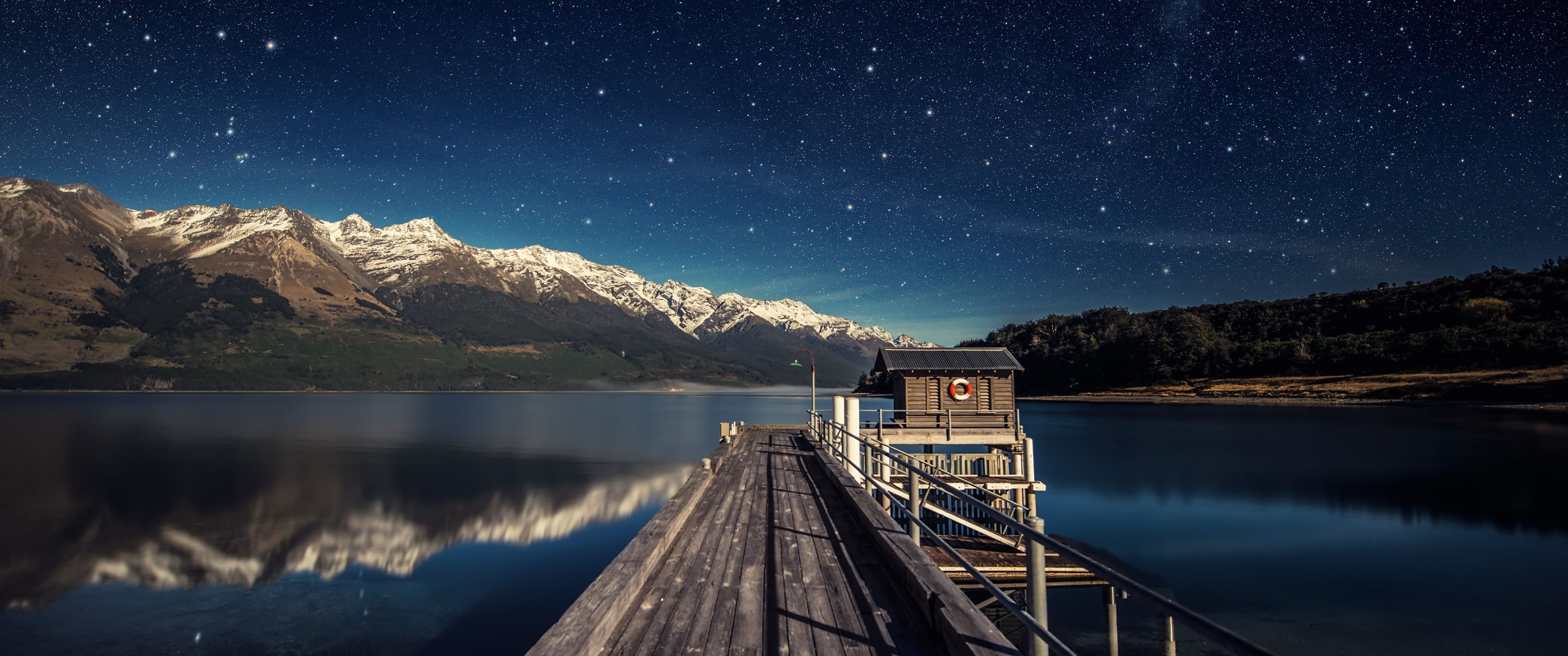 3440x1440 Lake Wakatipu Wallpaper 4K, Pier, New Zealand, Mountain range