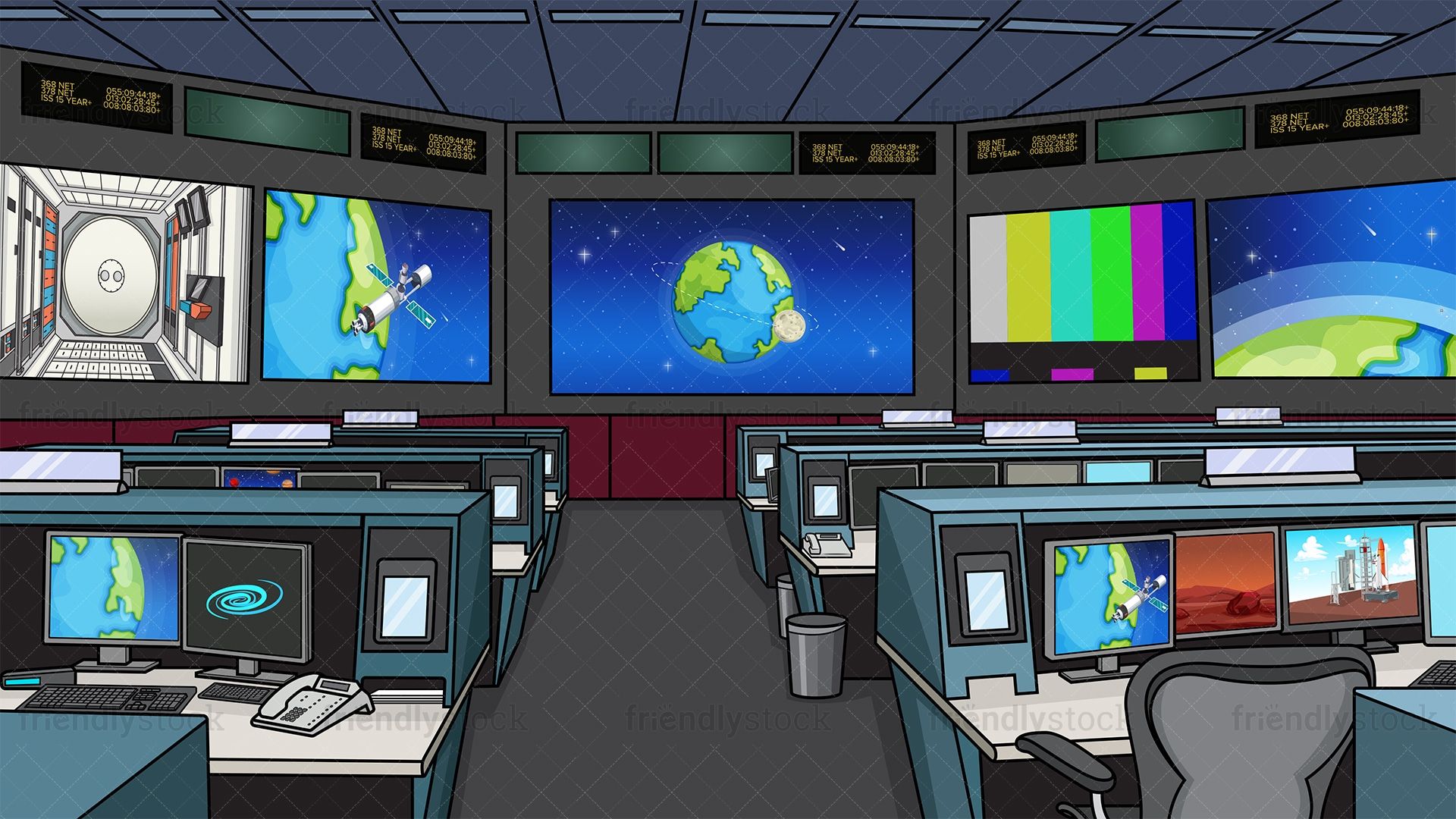 1920x1080 NASA Mission Control Center Background Cartoon Clipart Vector