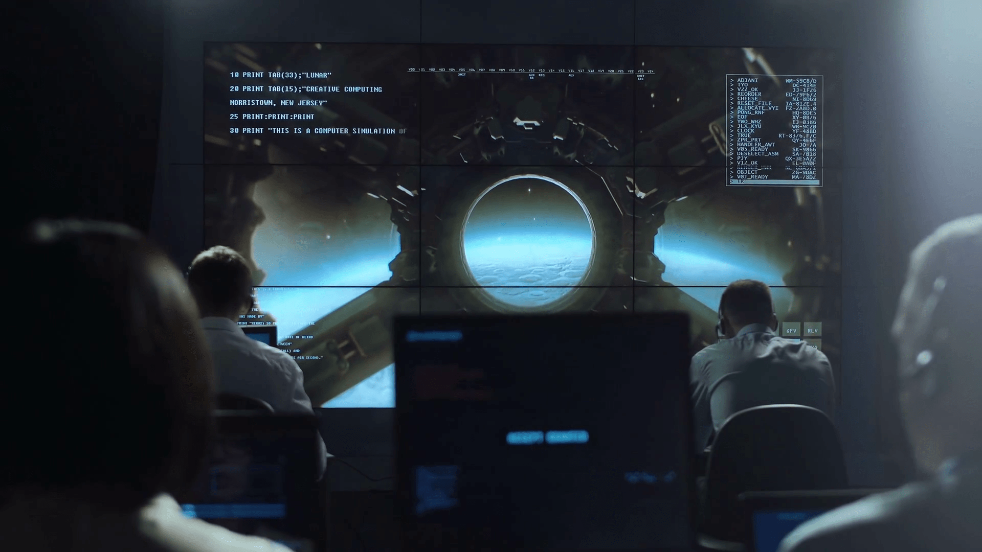 1920x1080 Back wide view of people working and managing space flight in mission control center assist space ship landing on Moon