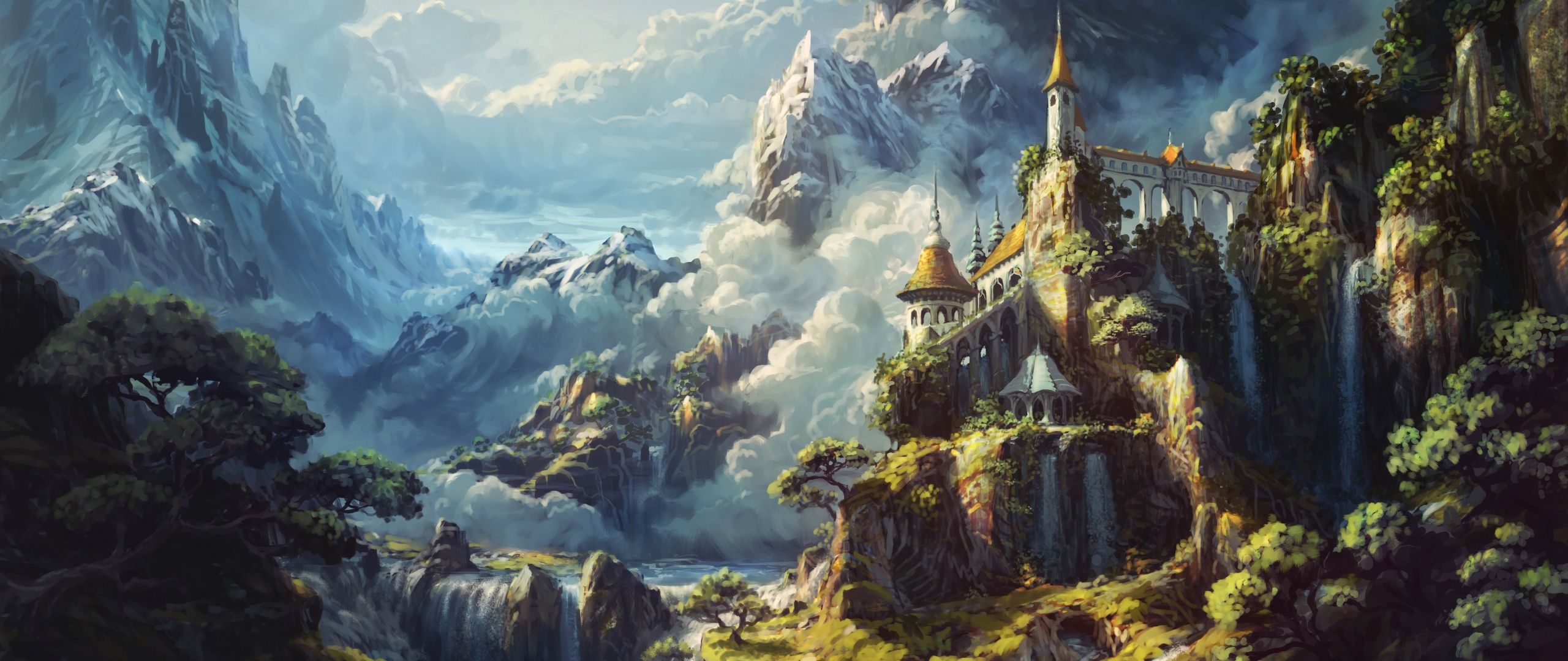 2560x1080 Castle Wallpaper 4K, Waterfalls, Surreal