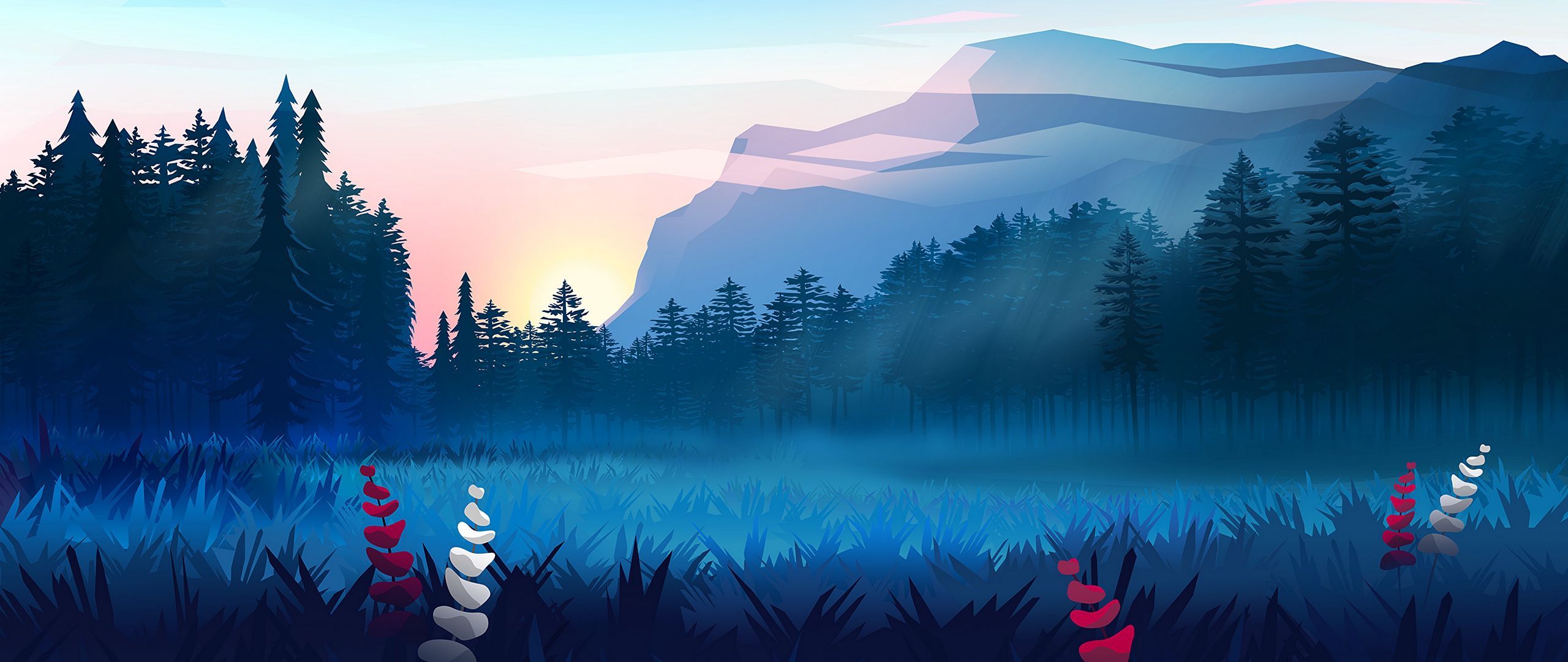 2560x1080 Download wallpaper 2560x1080 lawn, forest, mountains, fog, landscape, art dual wide 1080p HD background