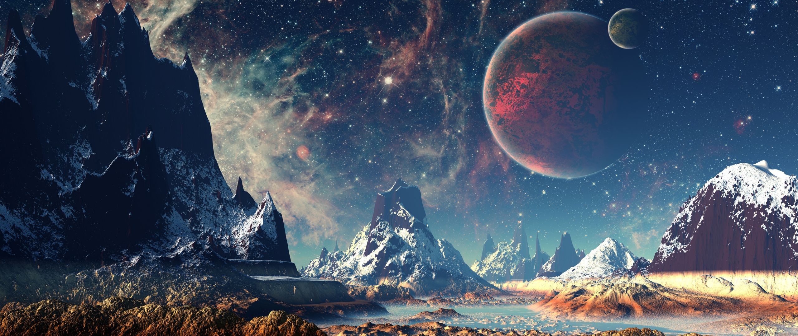 2560x1080 Download Space, Mountains, Planets, Night, Stars, Fantasy Wallpaper in 2560x1080 Resolution