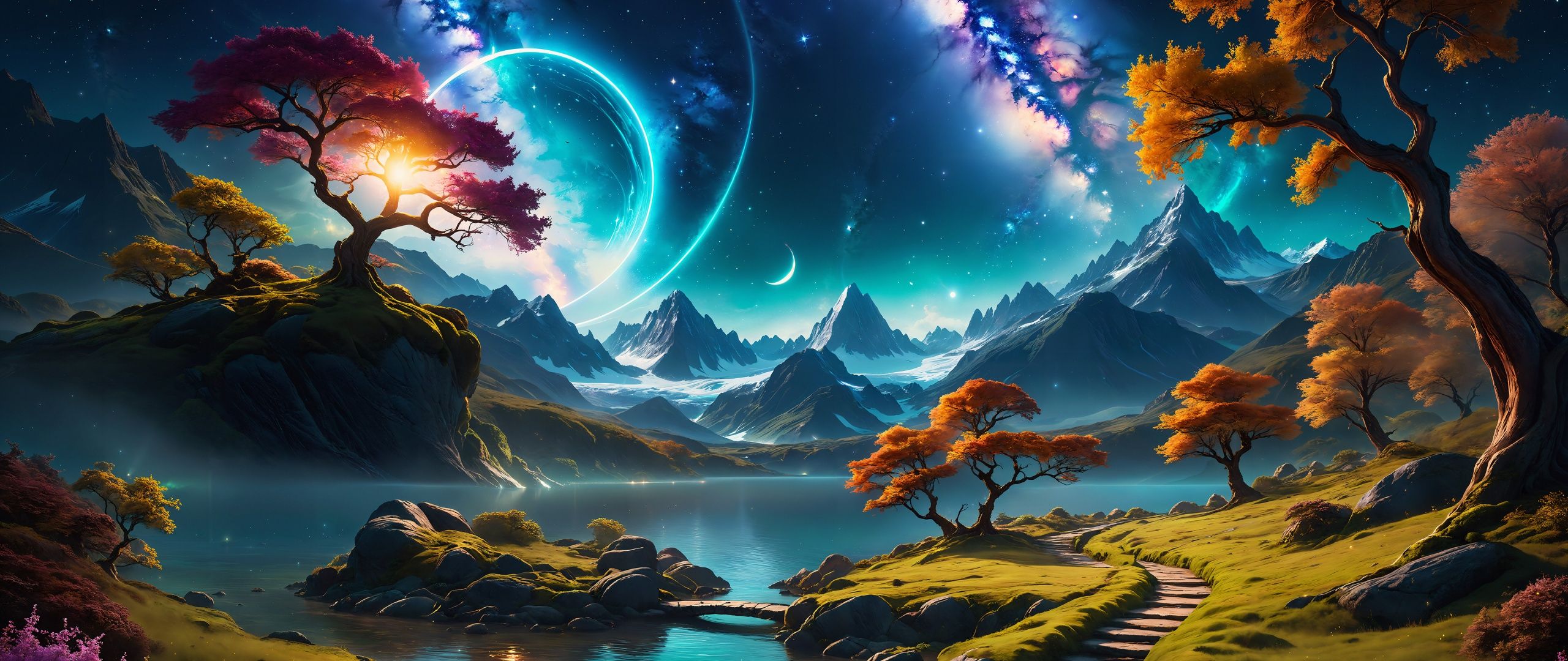 2560x1080 Dreamy Wallpaper 4K, Landscape, Surrealism, Mountains