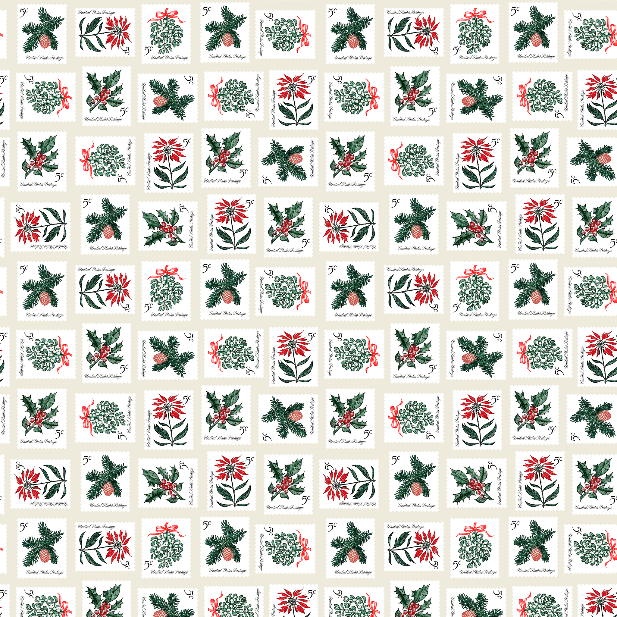 2048x2048 USPS Holiday Botanicals Stamp Collage on Cream. Peel & Stick Wallpaper