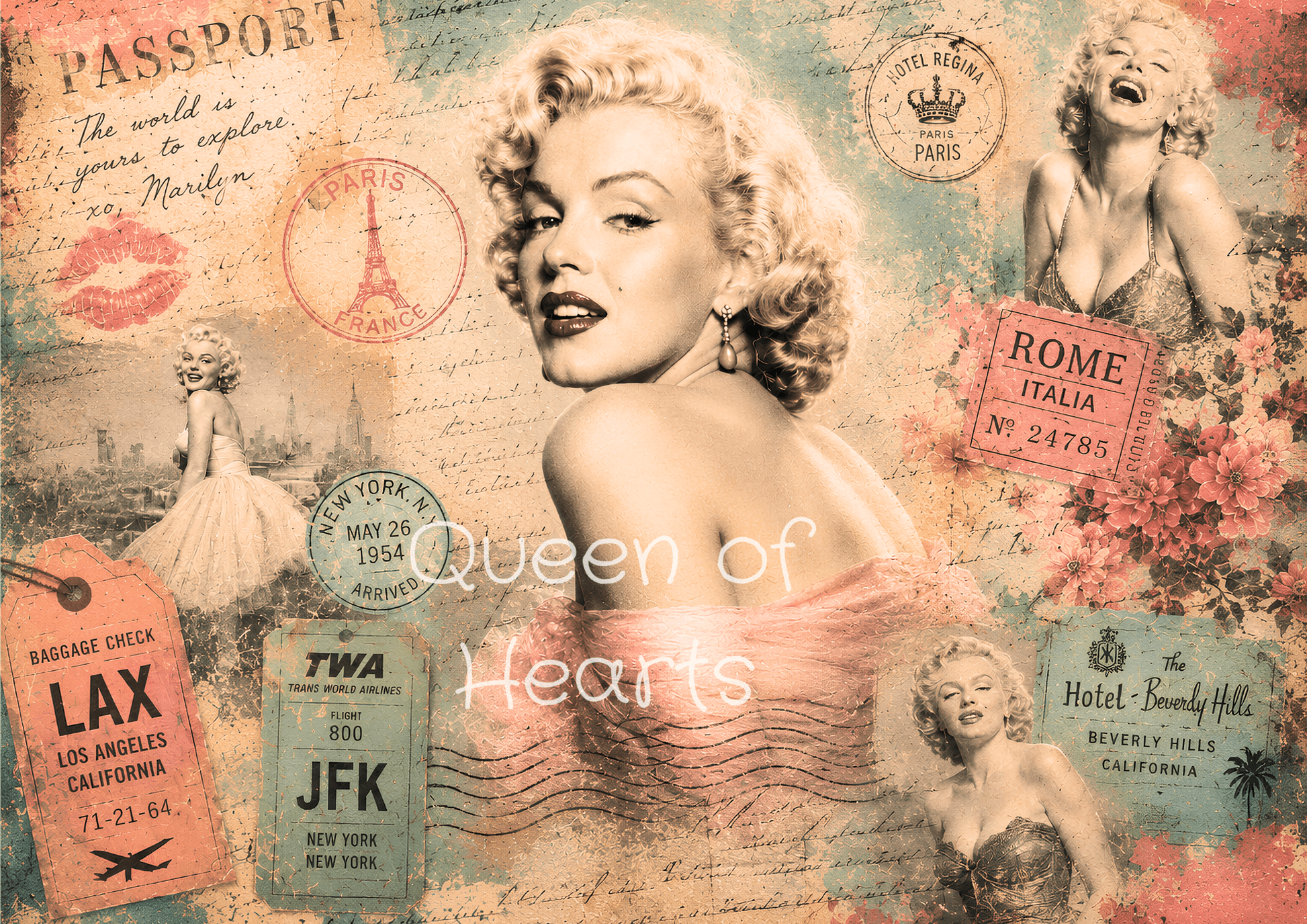 1946x1376 Passport to Glamour Vintage Collage Rice Paper. Queen of Hearts