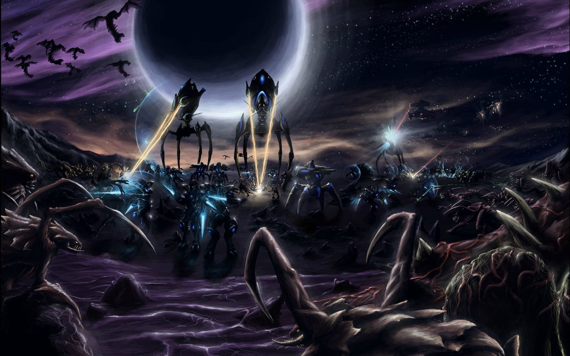 1920x1200 Protoss vs Zerg moonlight fight. Oil paint looking wallpaper!