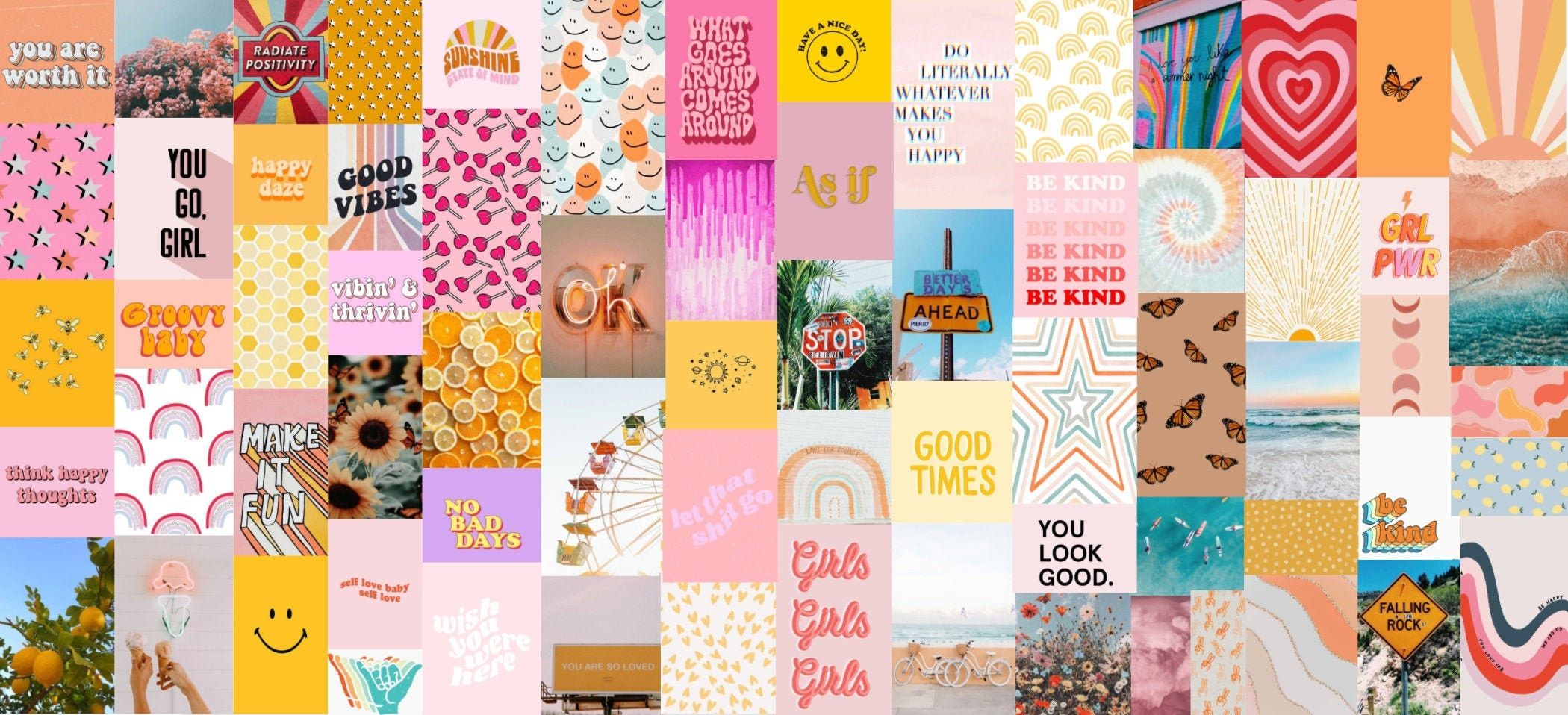 2100x958 Trendy Happy Vibes Quotes Aesthetic Wall Collage Kit Download