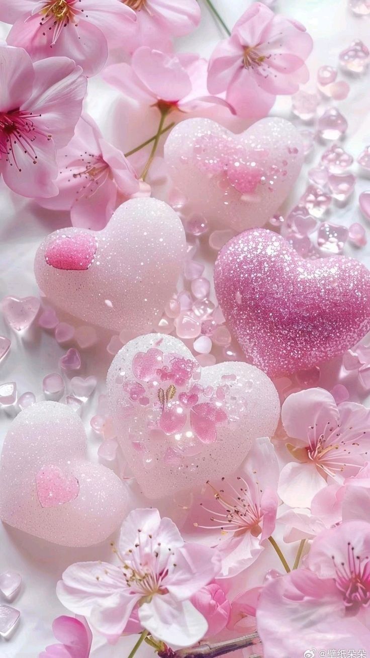 736x1308 Pink Flowers and Hearts with Water Droplets. Cute wallpaper for phone beautiful wallpaper background pink, Pink hearts aesthetic wallpaper, Pink heart wallpaper iphone