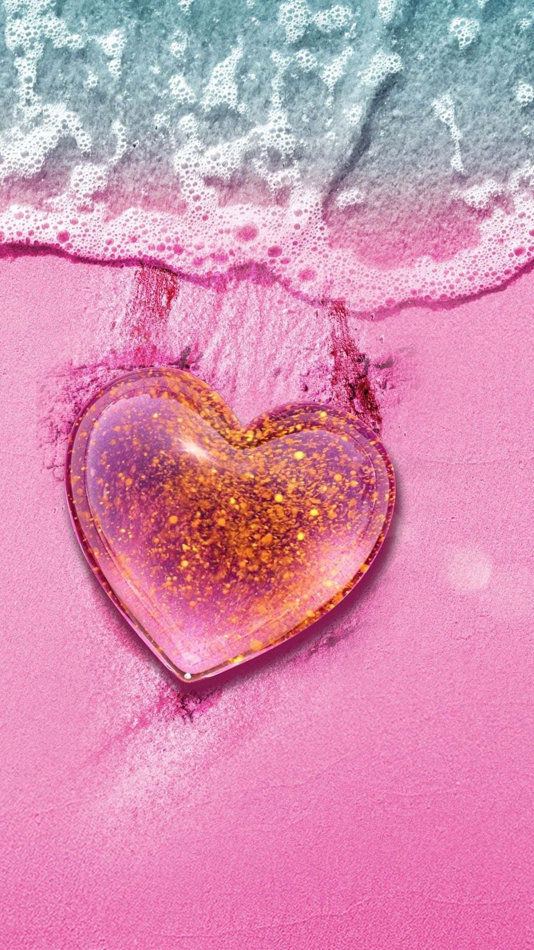 1080x1920 Love heart Wallpaper 4K, Beach, Pink background