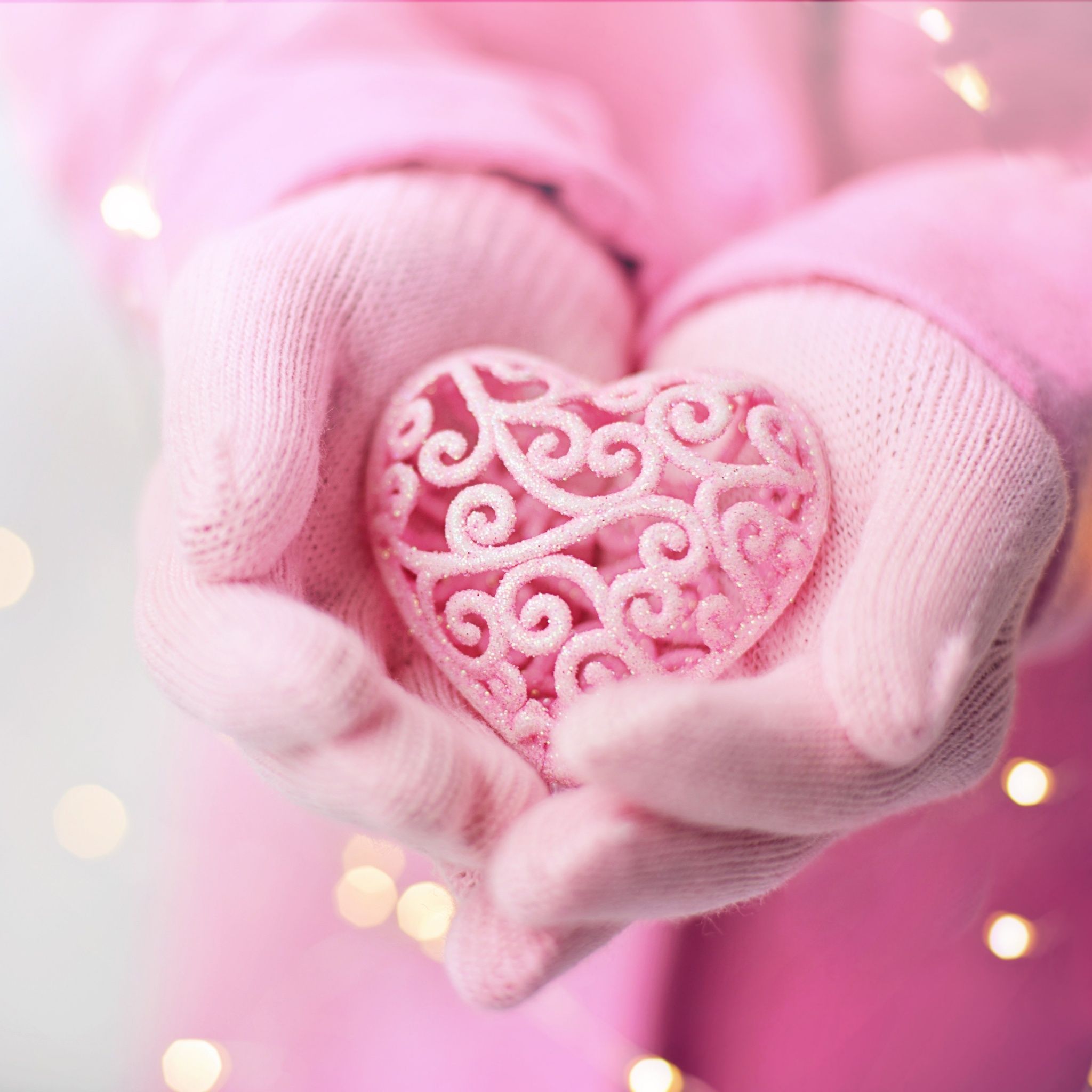 2048x2048 Pink Heart Wallpaper 4K, Hand Gloves, Pink background