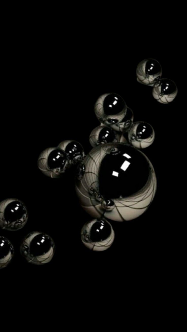 736x1308 Black and White Balls in Dark Space. Black orbs, Bubble wallpaper black, Dark background glowing