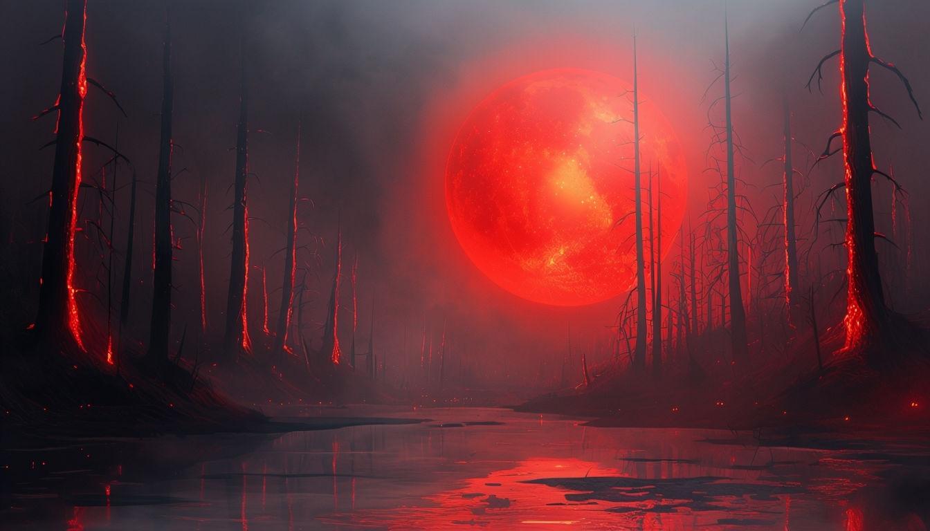 1344x768 Eerie Otherworldly Scene with Fiery Red Orb Background Design