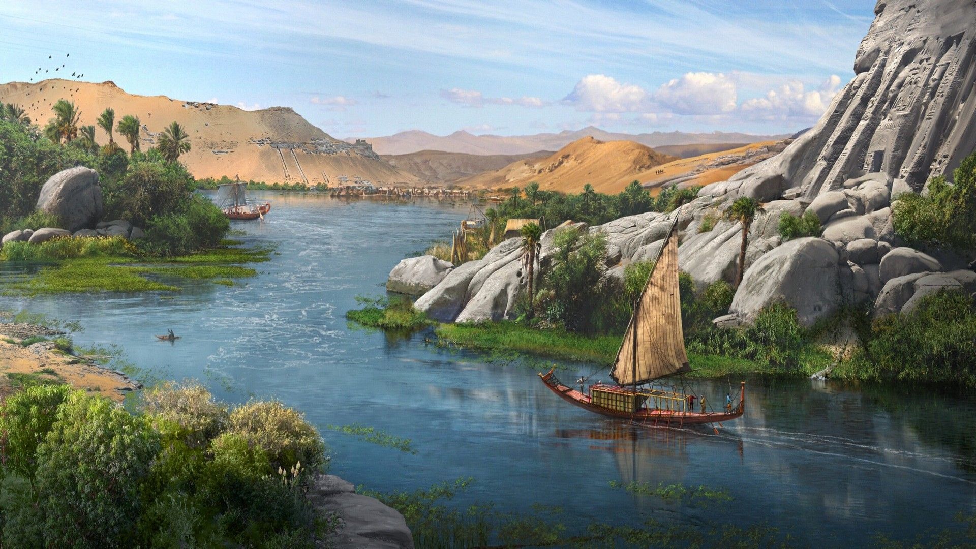 1920x1080 Nile Fantasy Voyage: HD River Ship Landscape Wallpaper