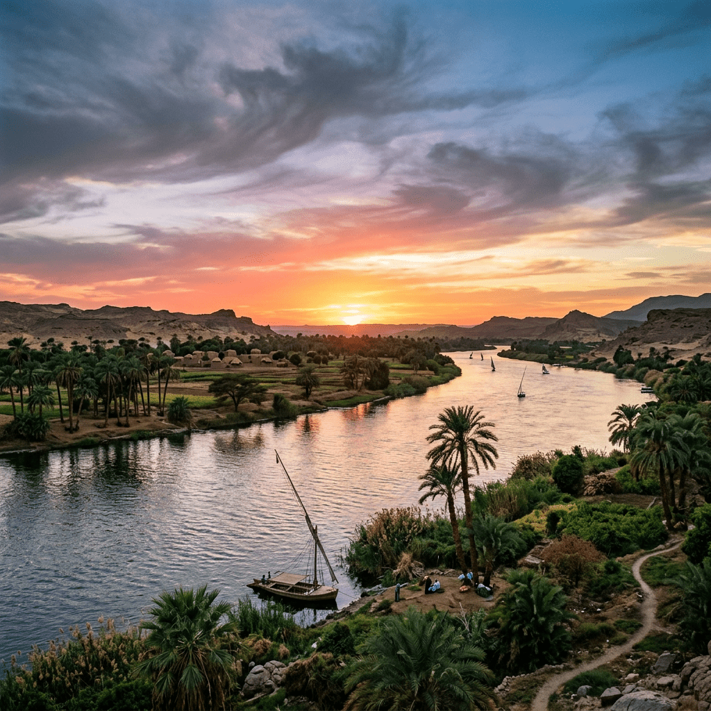 1024x1024 Natural Colored Nile River Sunset View. AI Art Generator. Easy Peasy.AI