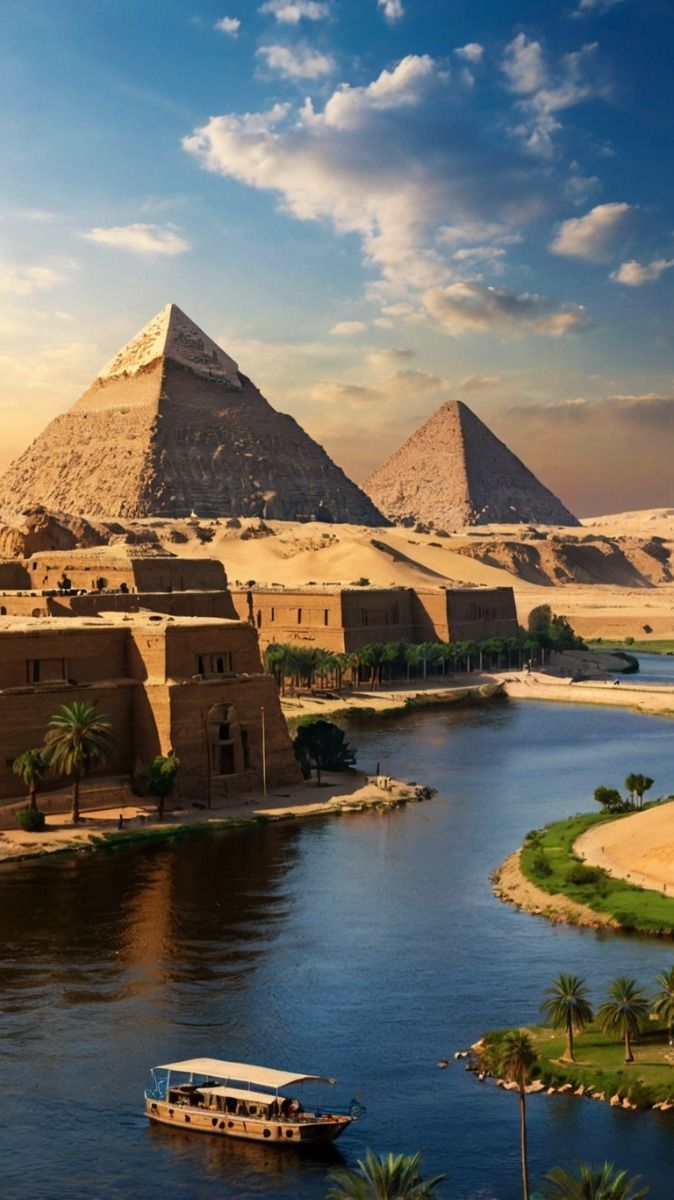 674x1200 Image of the Egyptian 3 pyramids with the Nile River in the background