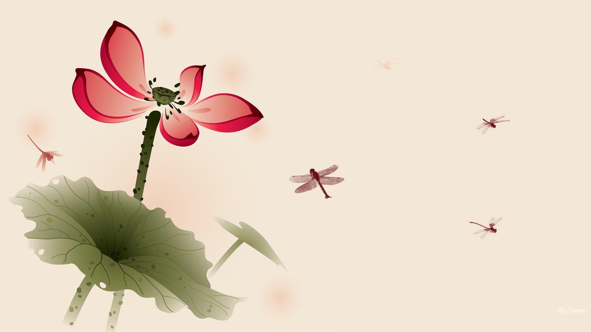 1920x1080 Hoa: Ảnh hưởng Châu Á Hoa Màu nước Cánh hoa mùa hè Chuồn chuồn