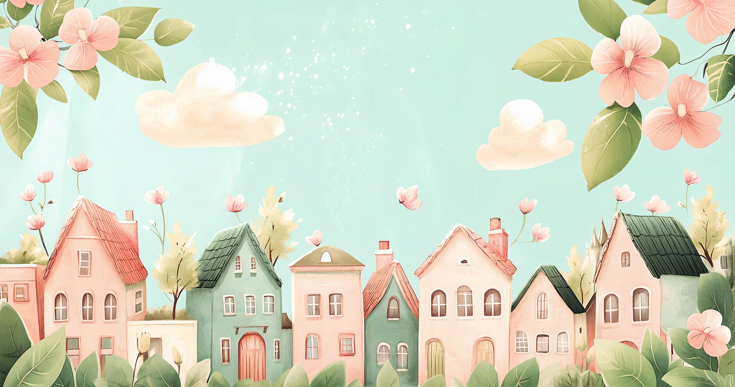 2500x1316 Houses and Flowers in Pastel Colors Nursery Mural Traditional / 170W x 120H