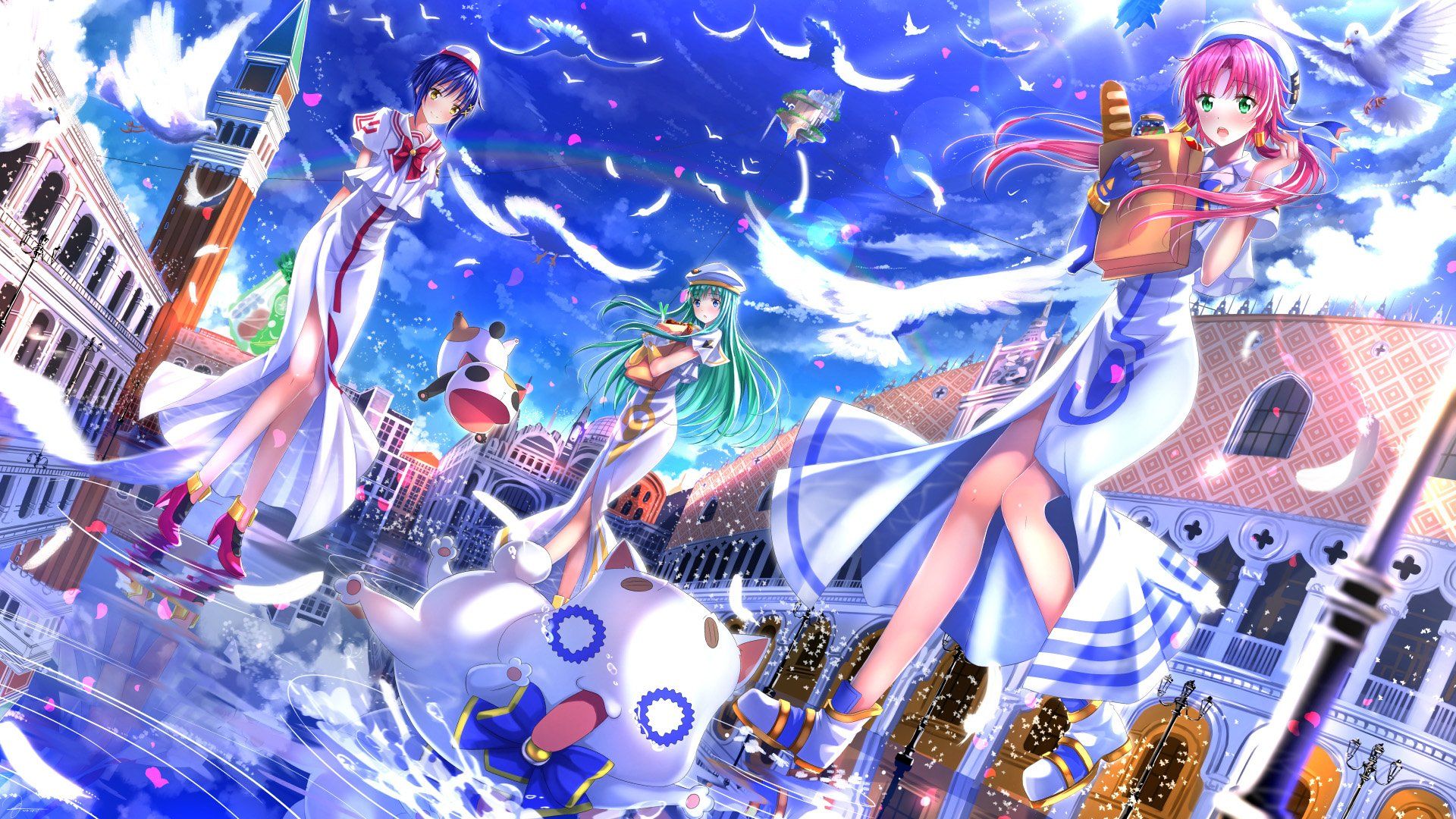 1920x1080 Aria the Animation HD Wallpaper: Alice, Aika & Akari in a Magical Venice Sky