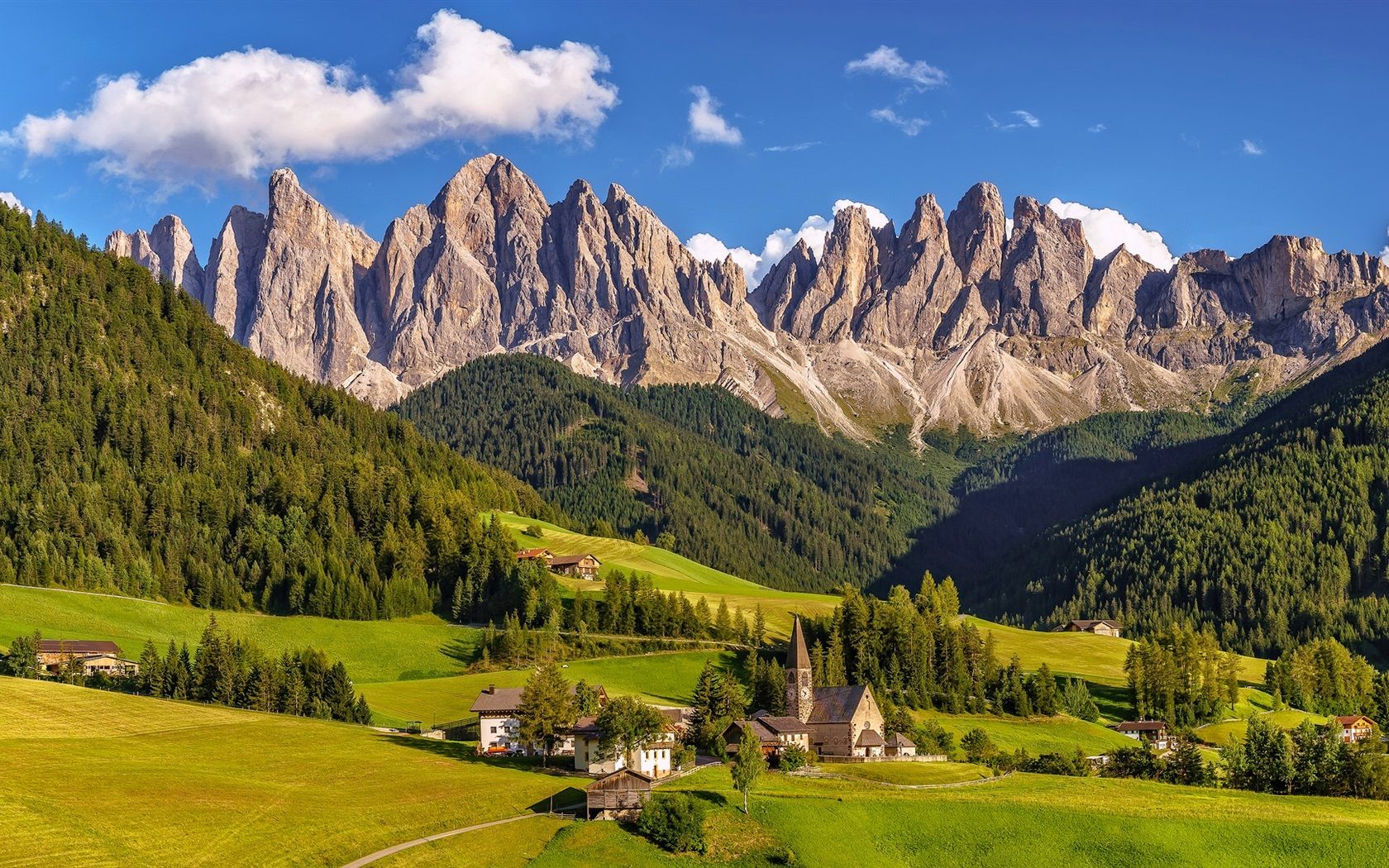 1680x1050 Italy, South Tyrol, Dolomites, Village, Grass, Mountains, Trees 640x960 IPhone 4 4S Wallpaper, Background, Picture, Image