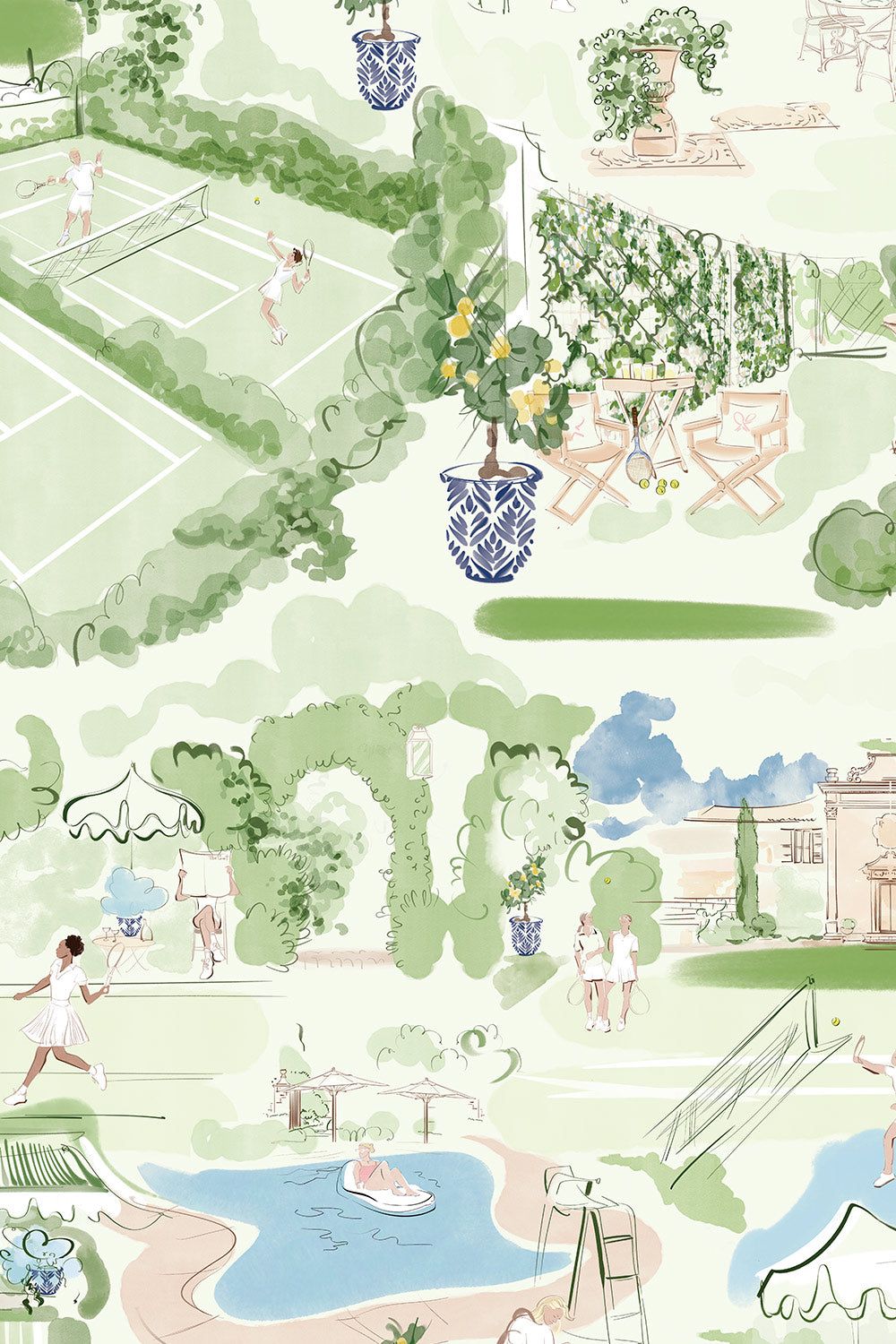 1000x1500 Tennis Club Toile Wallpaper. Classic Country Club Garden Toile Wall Covering