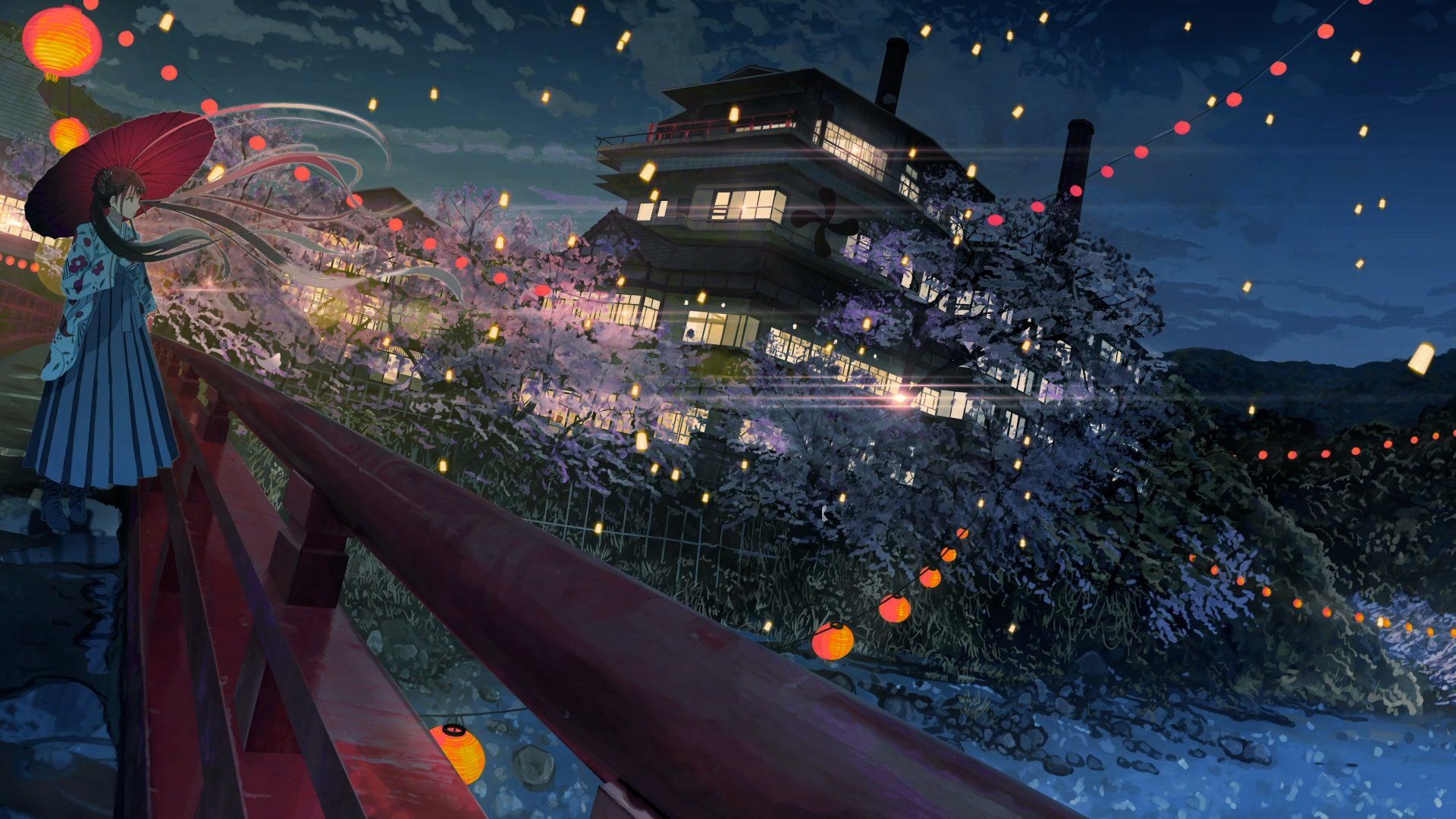 1920x1080 Midnight Lanterns: Anime Night By The Lantern Lit Bridge By Banishmentx1080