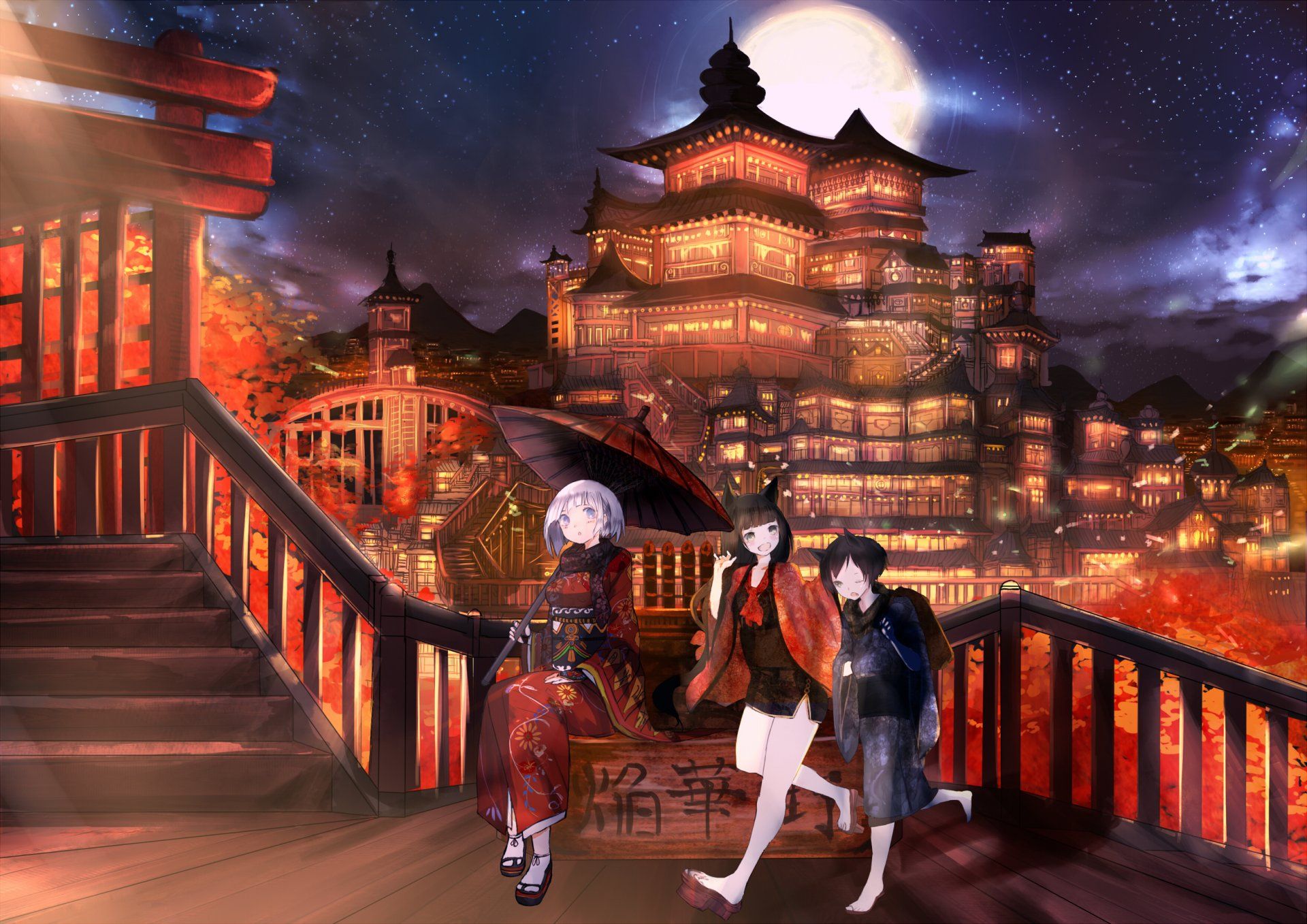 1920x1357 Download Building Moon Night Festival Umbrella Yukata Nekomimi White Hair Anime Original Anime Night HD Wallpaper by しあびすx1767