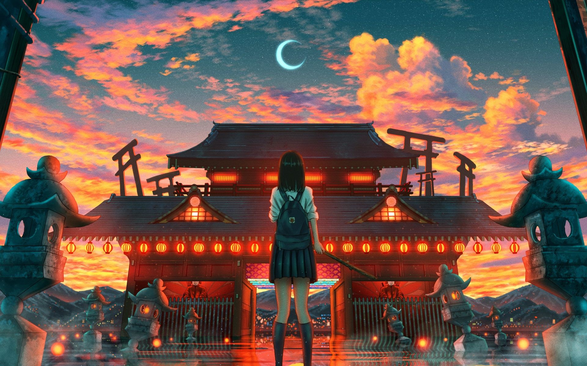 1920x1200 Ancient architecture Wallpaper 4K, Japanese girl, Crescent Moon