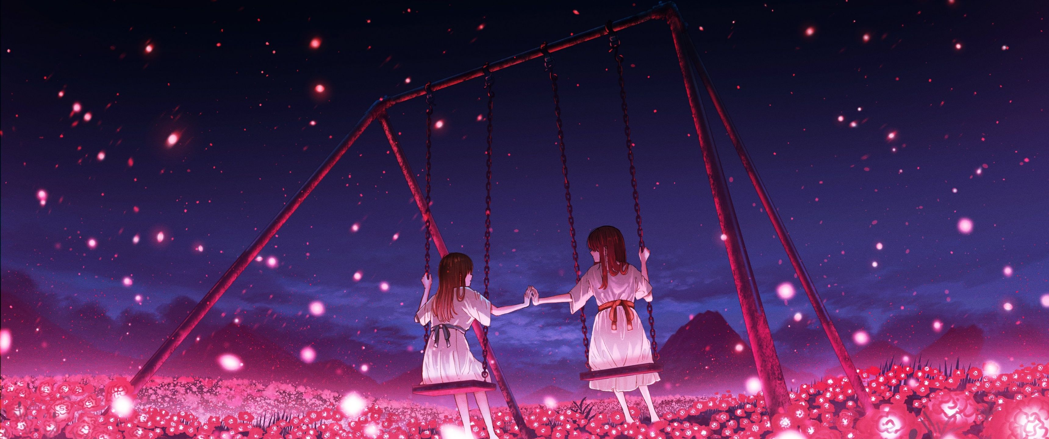 3440x1440 Swinging Japanese anime girls 4K Wallpaper