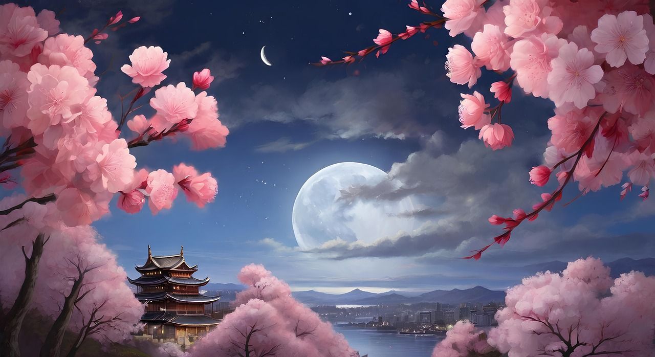1280x698 Download Night Japan Cherry Blossom. Royalty Free Stock Illustration Image