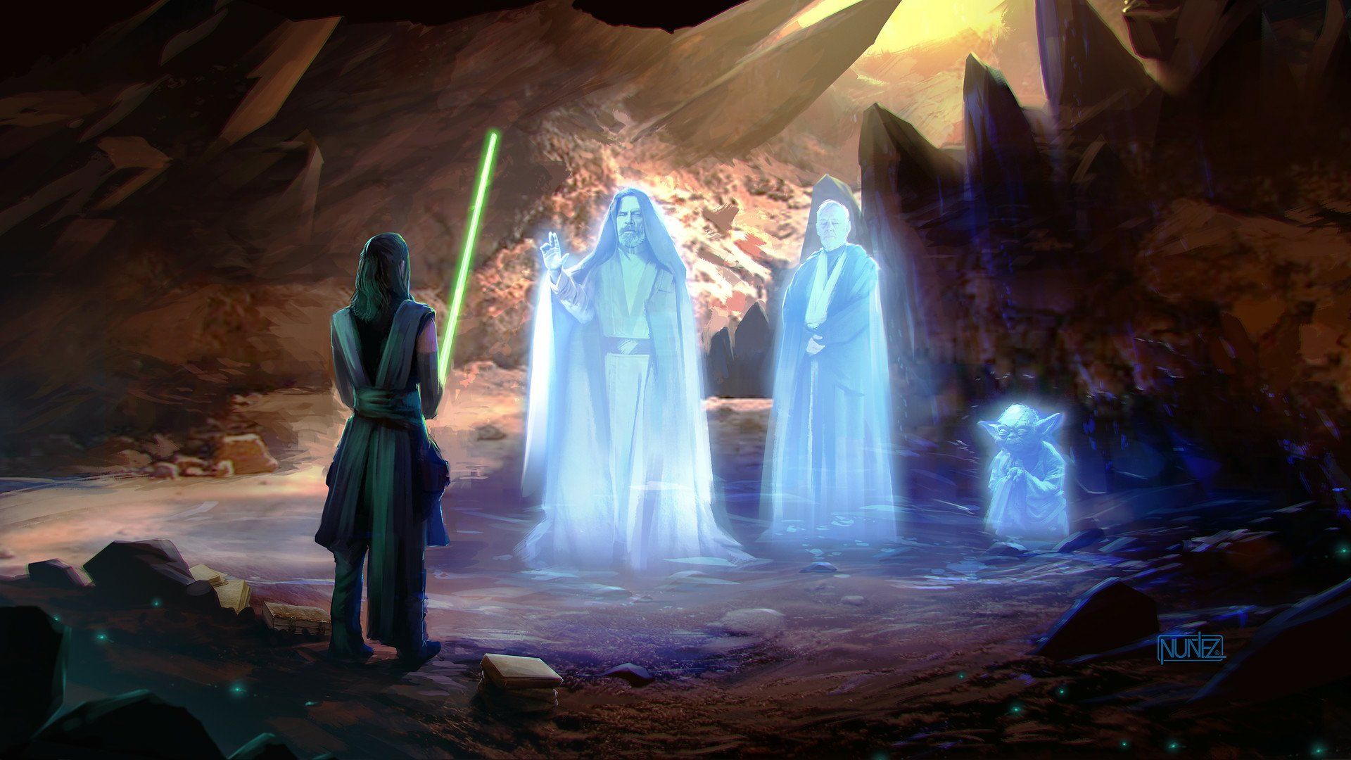 1920x1080 Star Wars HD Wallpaper: Rey Meets Jedi Legends Luke & Yoda in The Last Jedi Scene