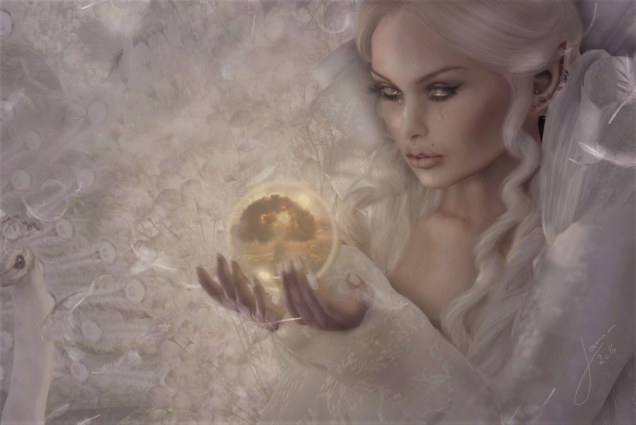2048x1369 Phone wallpaper: Fantasy, Witch, Crystal Ball, Peacock, Tears, White Hair 859979