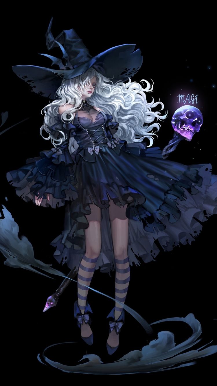 750x1334 Phone wallpaper: Fantasy, Witch, Dress, Skull, White Hair, Long Hair, Witch Hat 1346572