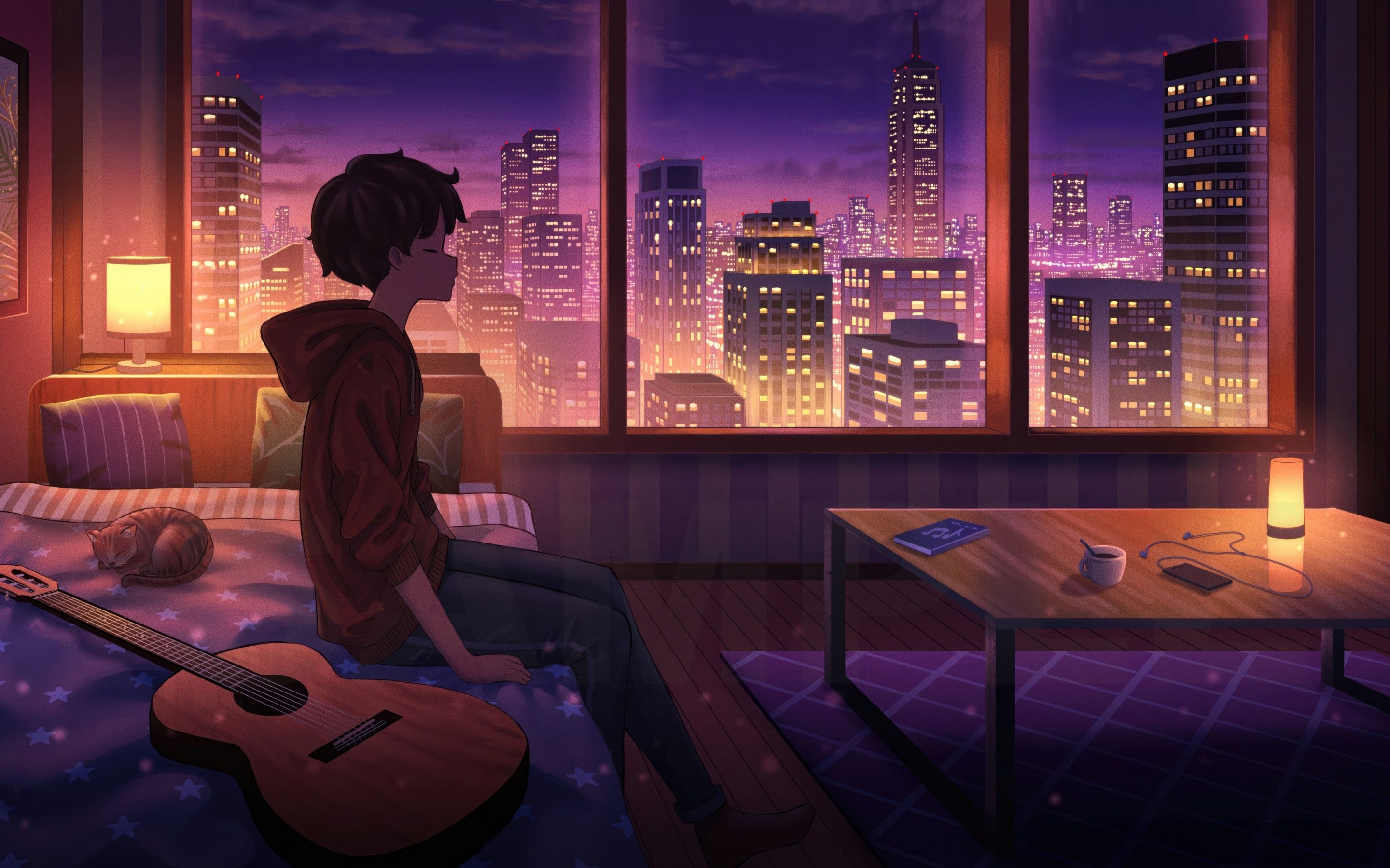 2880x1800 Lofi boy Wallpaper 4K, Guitar, Lonely, Cityscape