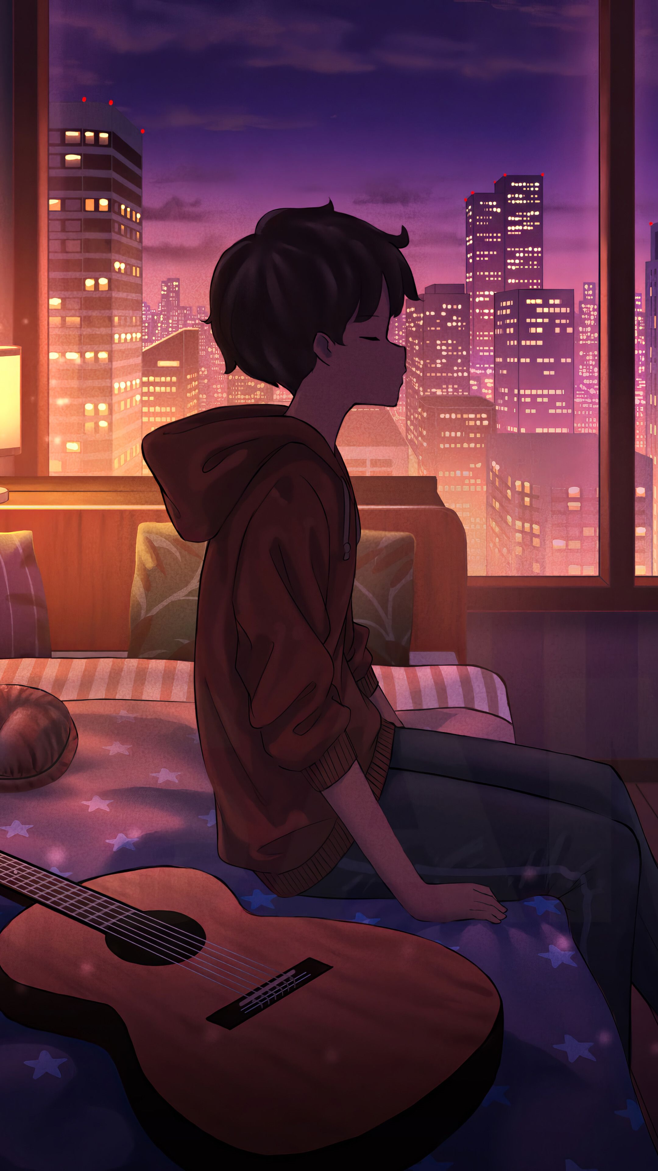 2160x3840 Anime Boy Window City Building Scenery Room Bed Guitar 4K Wallpaper iPhone HD Phone i