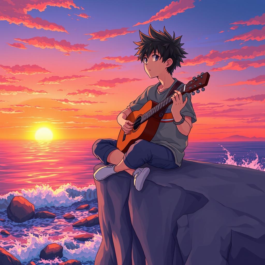 1024x1024 Epic Sunset Melodies: Teen Guitarist on the Cliff