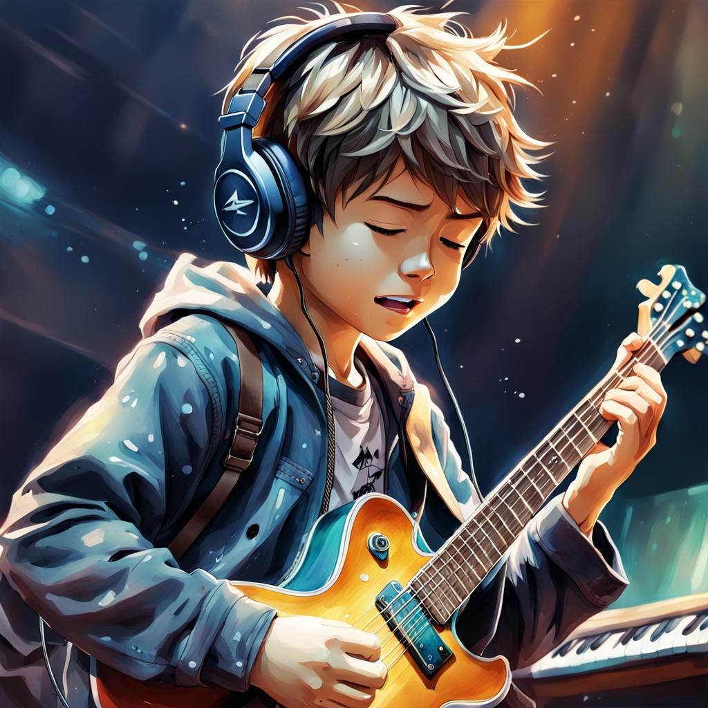 1024x1024 Boy With Guitar: Anime Style Digital Watercolor