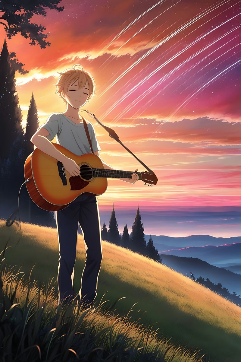 800x1200 Graceful Anime Boy With Green Eyes And Guitar In A Stunning Sunset Scene. JPG Free Download