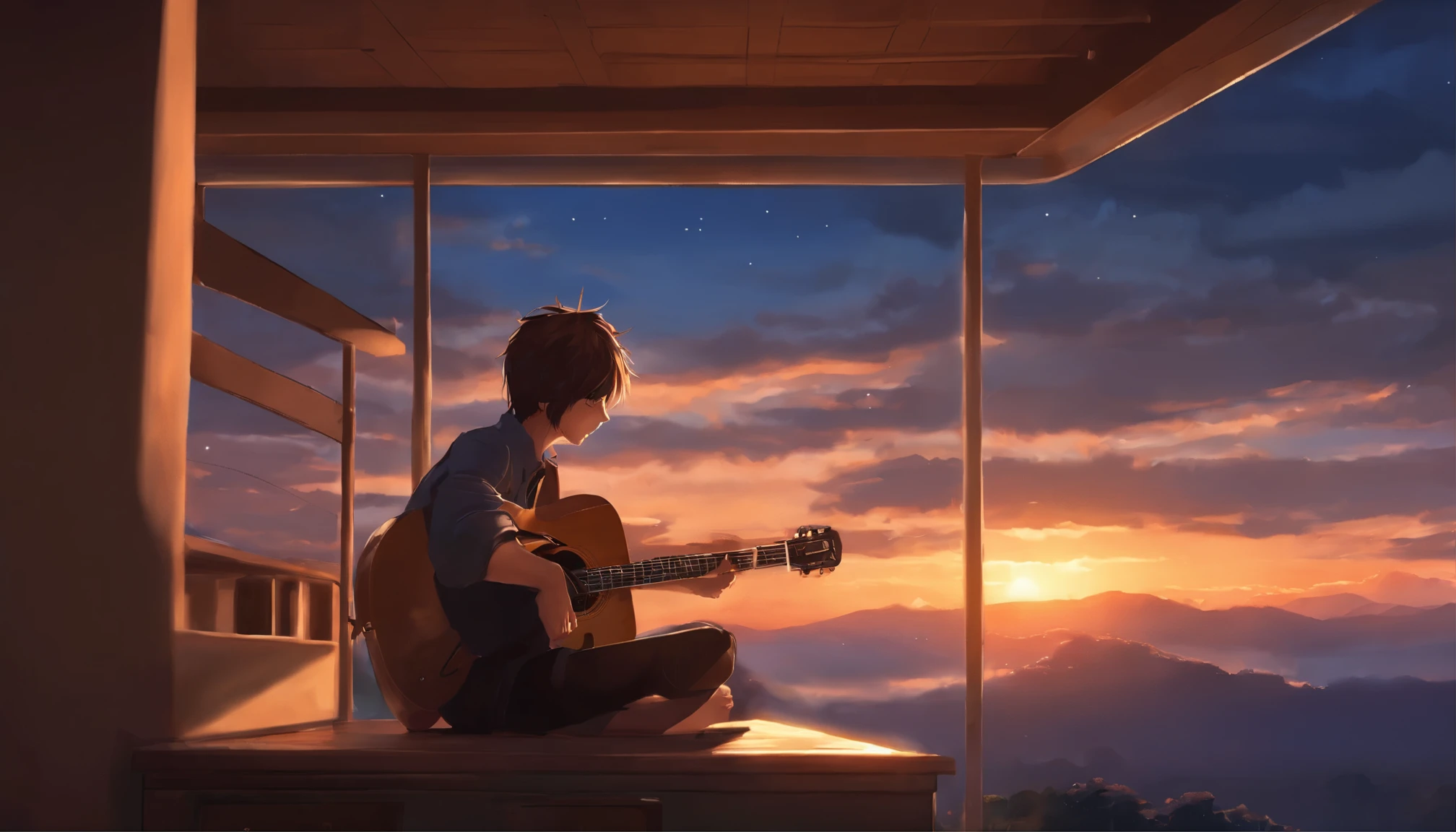 2016x1152 Anime girl sitting on a window sill playing a guitar