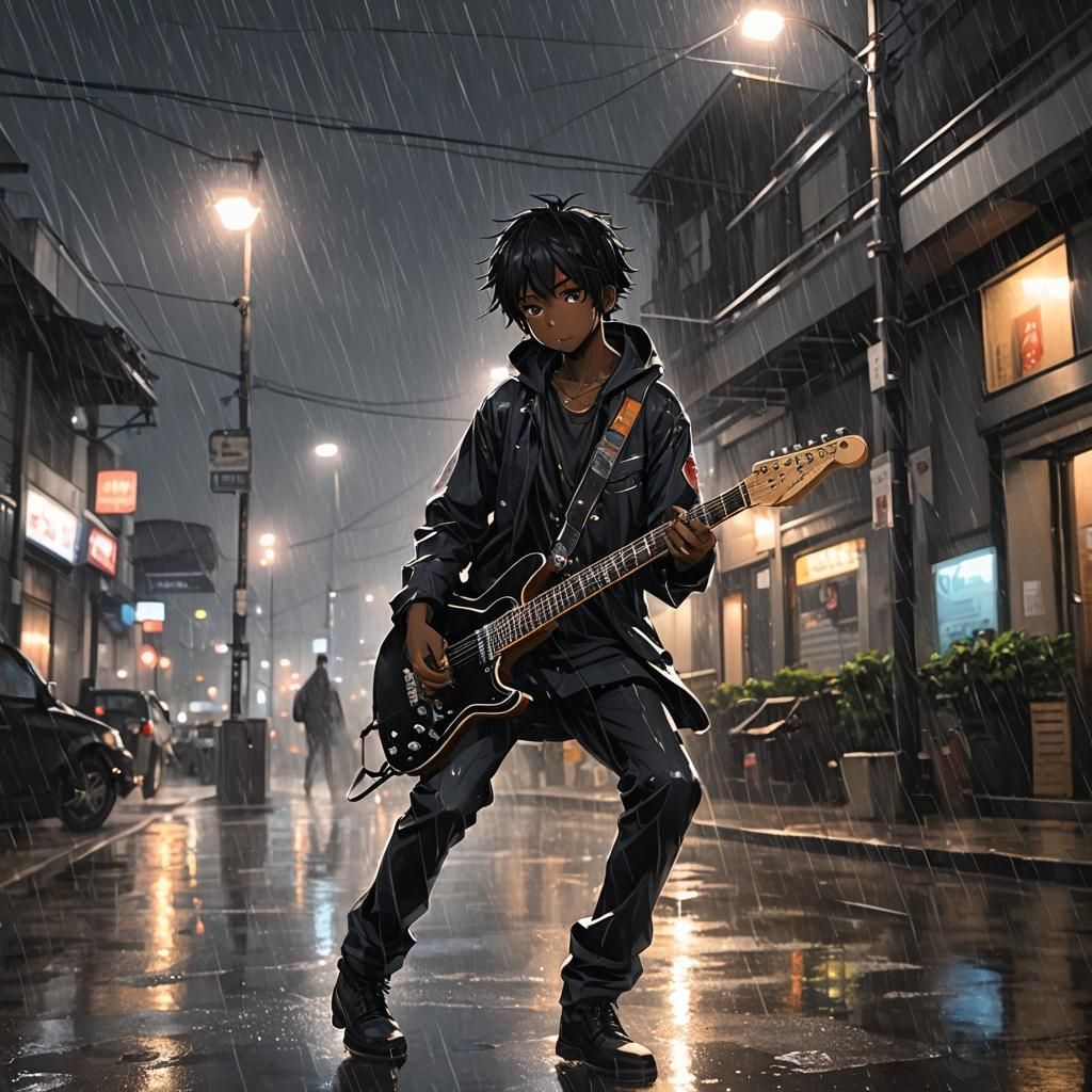 1024x1024 Anime Style Black Boy Plays Guitar In The Rain