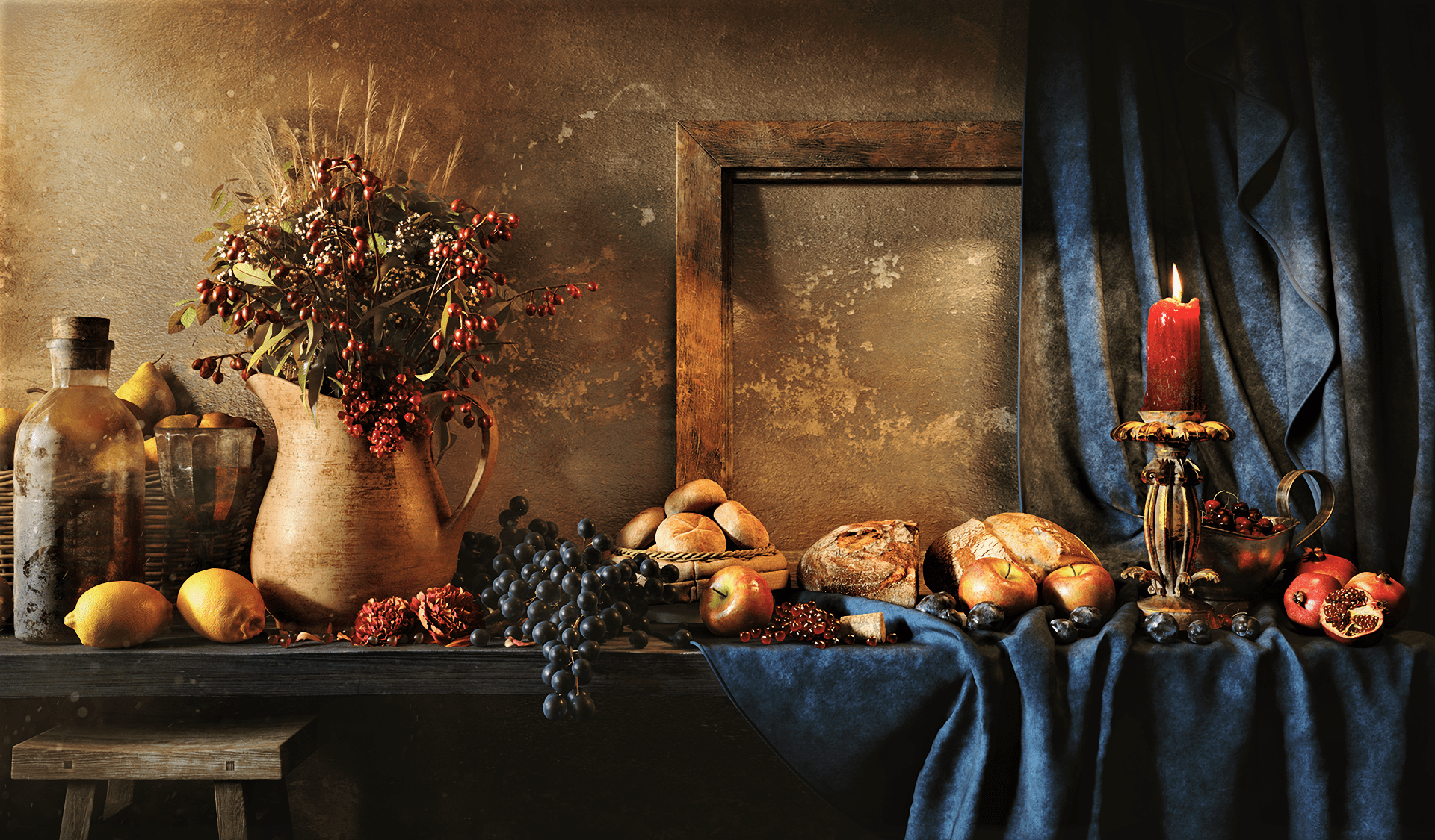 1920x1125 Artistic Still Life: HD Wallpaper of Grapes, Bread, and Elegancex1125