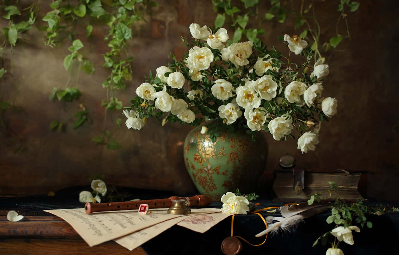 1332x850 Download White Roses Vase Still Life Wallpaper