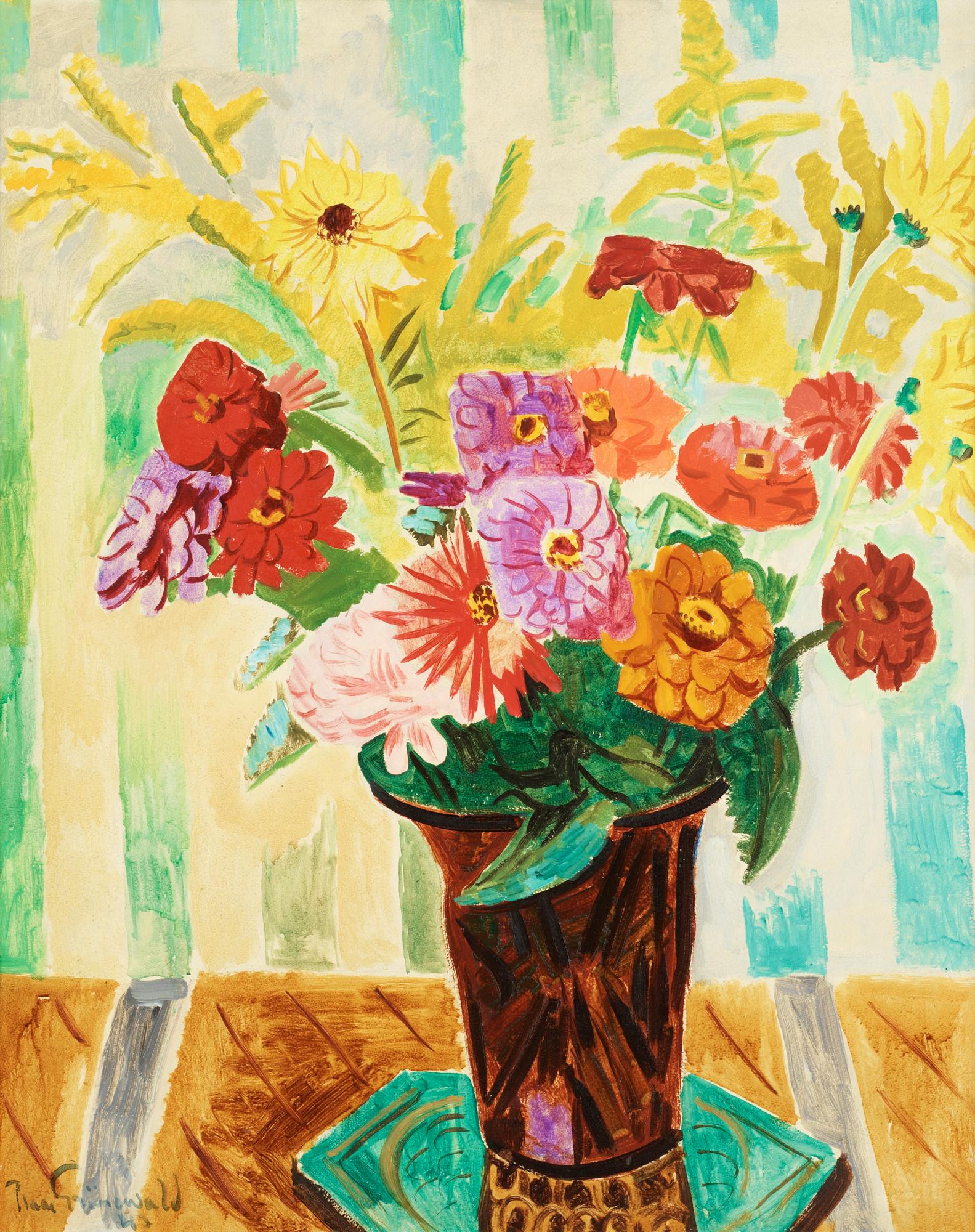 1583x2000 Isaac Grünewald, Still Life with Flowers and striped wallpaper
