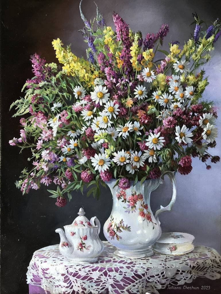 770x1026 Still life with field bouquet Painting by Tatjana Cechun. Saatchi Art Netherlands