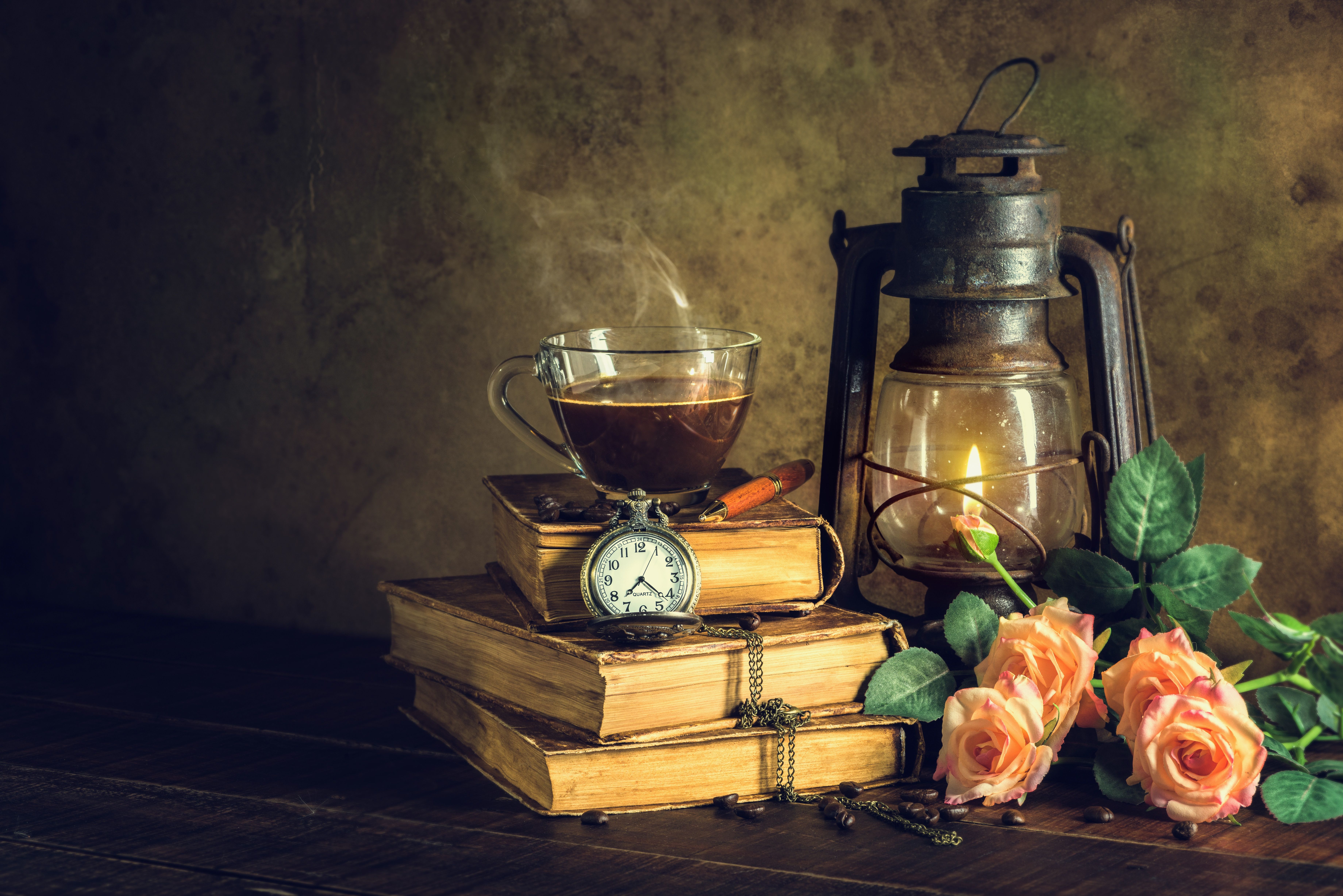 7360x4912 Desktop wallpaper: Tea, Photography, Still Life, Book, Lantern, Pocket Watch, Rose 4K free download for PC. 968126
