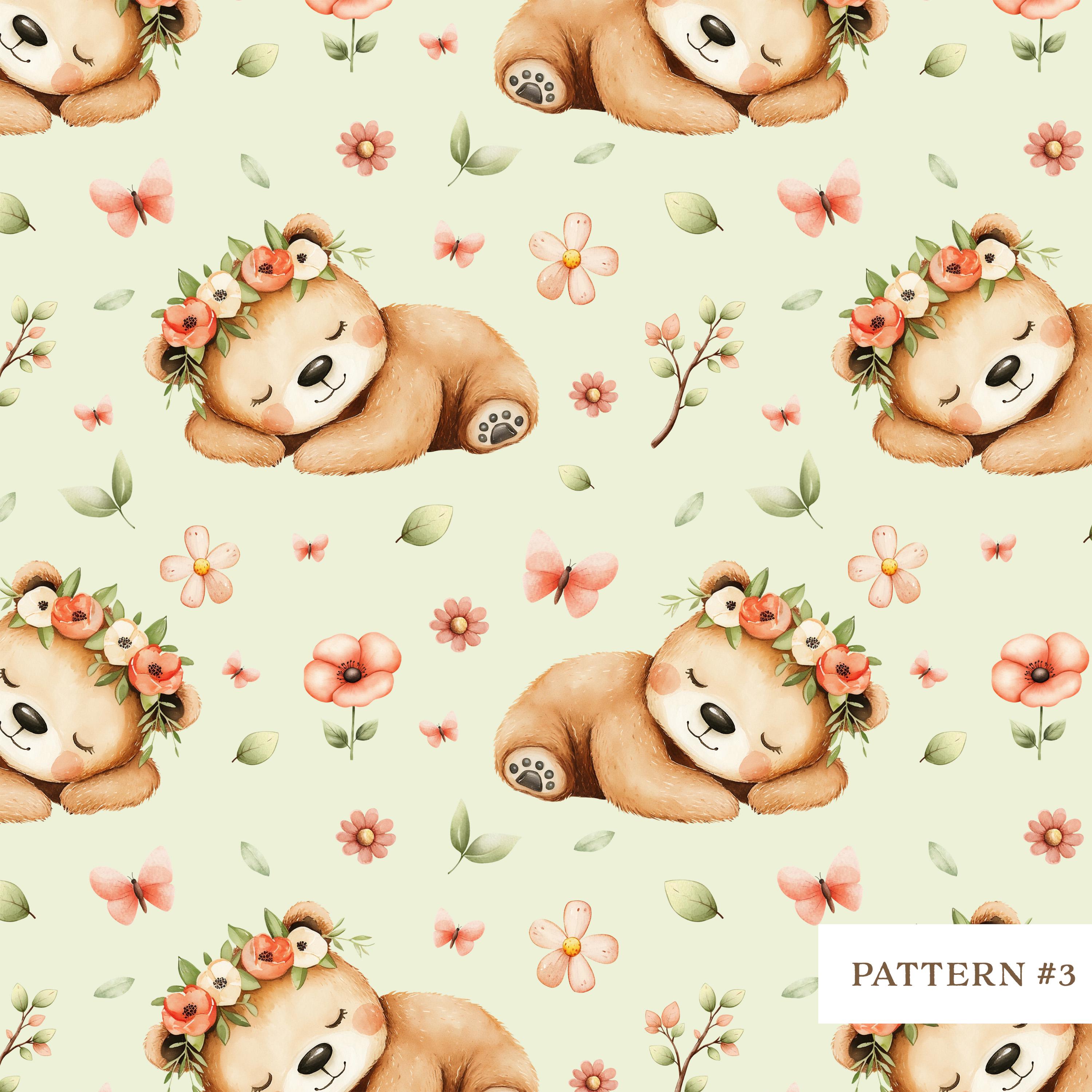 3000x3000 Seamless Cute Bear Pattern, Watercolor Floral Baby Animal Digital Paper, Nursery Scrapbook Background, Printable Kids Fabric Design PNG