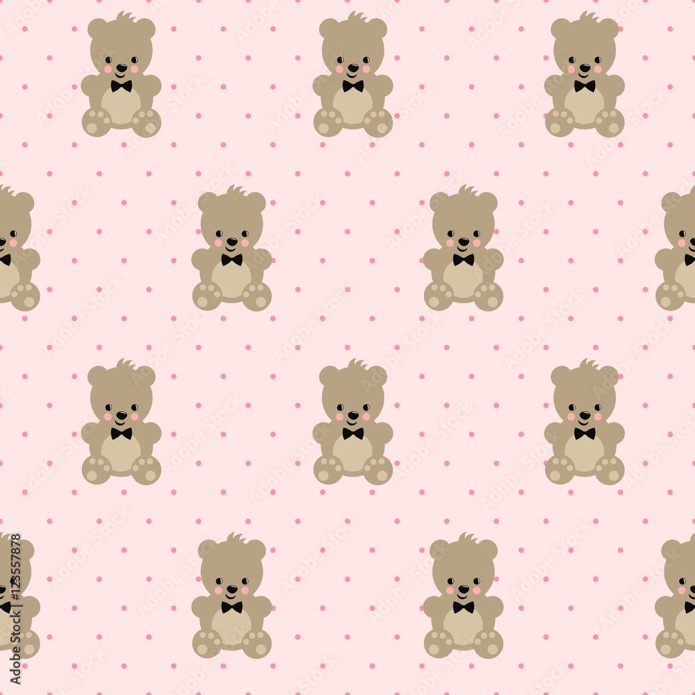 1000x1000 Stockvektorbilden Teddy Bear seamless pattern on pink polka dots background. Cute vector with baby bear. Design for print on baby's clothes, textile, baby shower, wallpaper, fabric