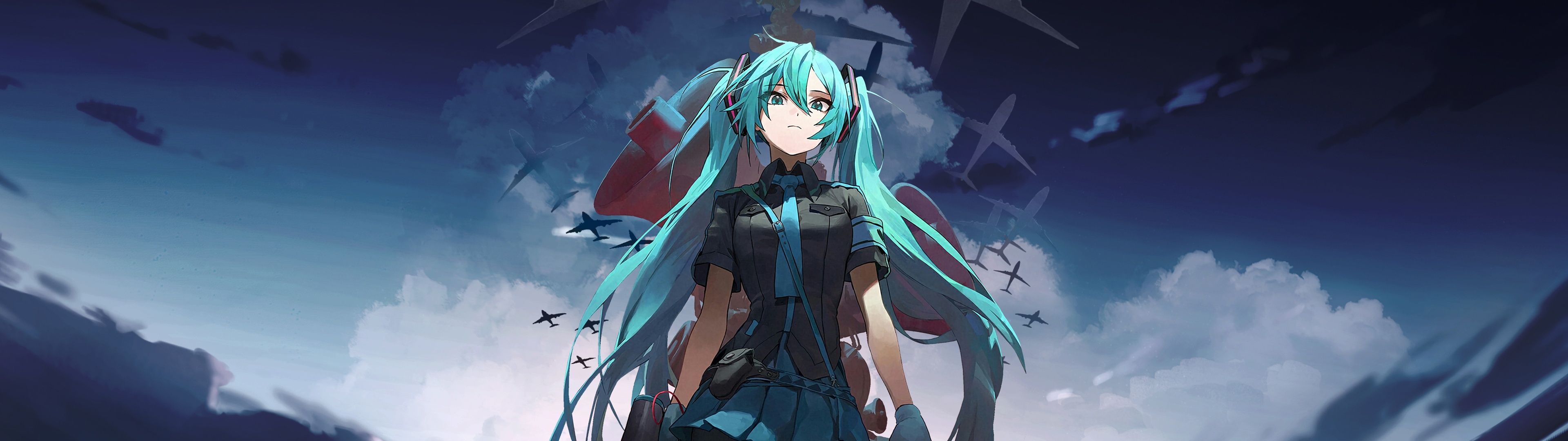 3840x1080 Hatsune Miku Wallpaper 4K, War, Japanese girl, Anime girl
