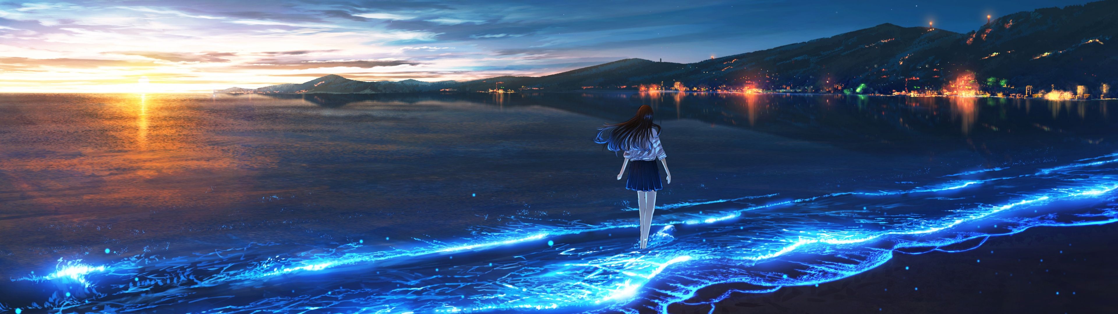 3840x1080 Bioluminescence Wallpaper 4K, Anime girl, Alone, Sunset, Beach